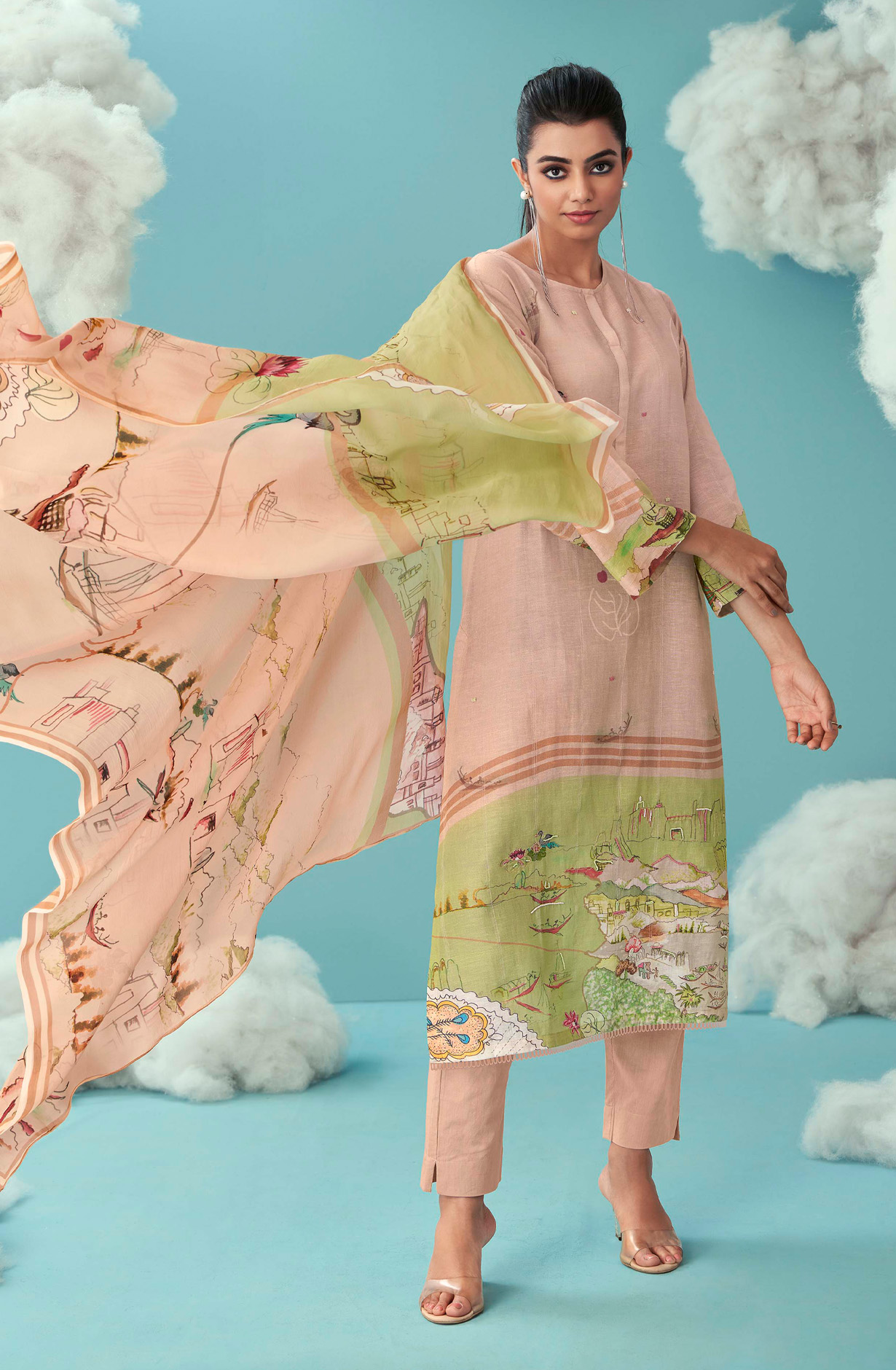 Beige Linen Beautiful Digital Printed Suit with Organza Dupatta - JOY628