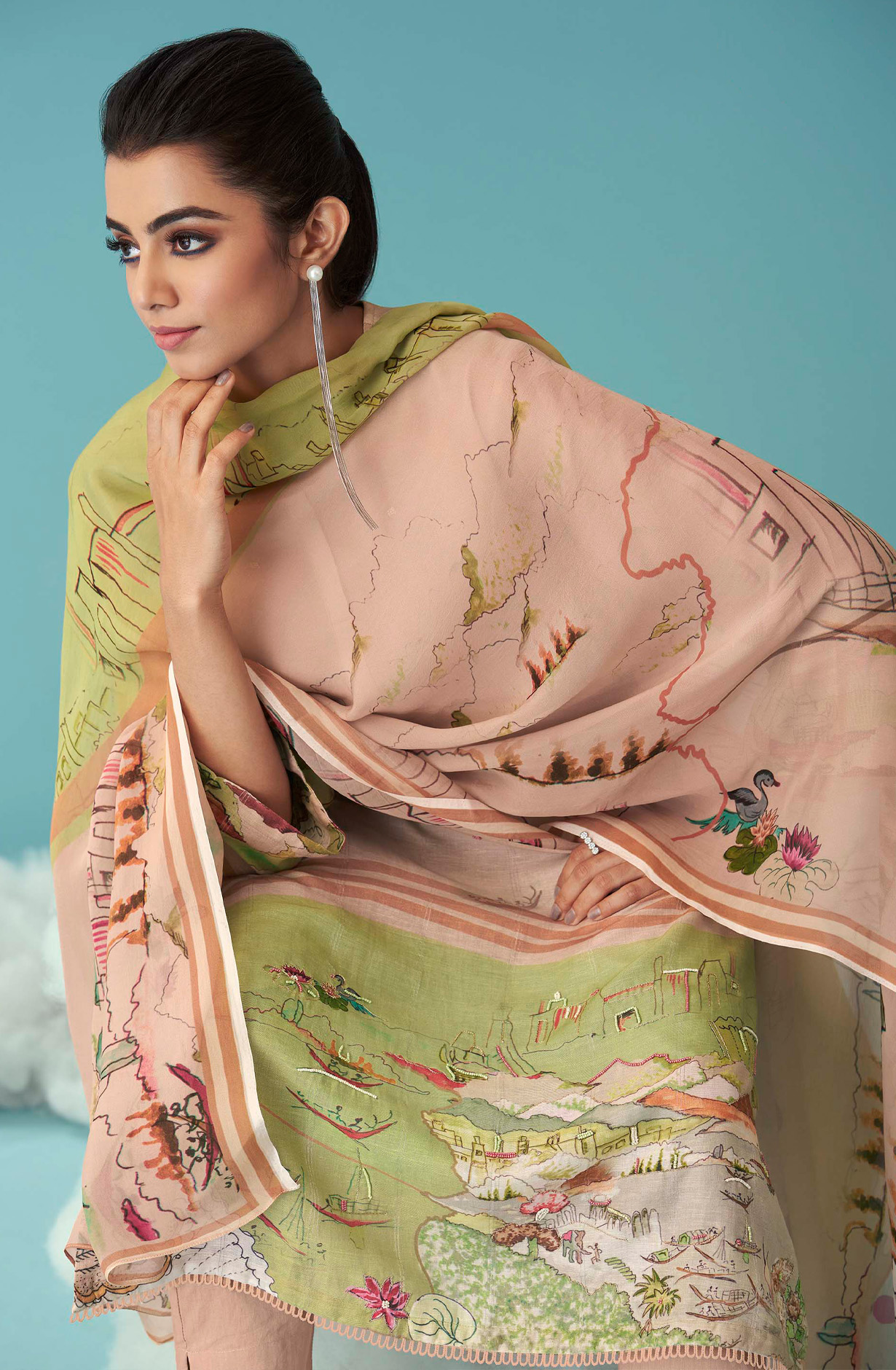 Beige Linen Beautiful Digital Printed Suit with Organza Dupatta - JOY628