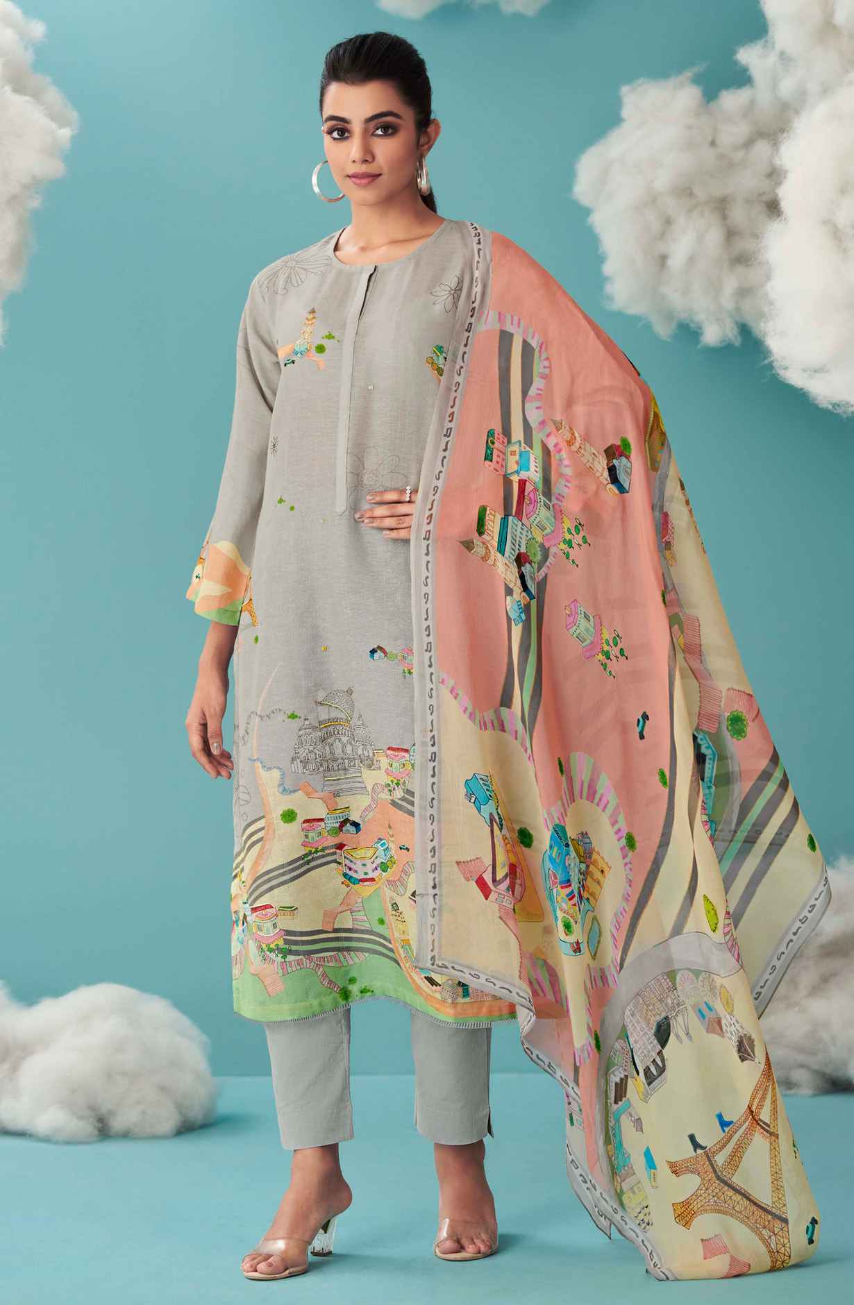 Grey Linen Beautiful Digital Printed Suit with Organza Dupatta - JOY638