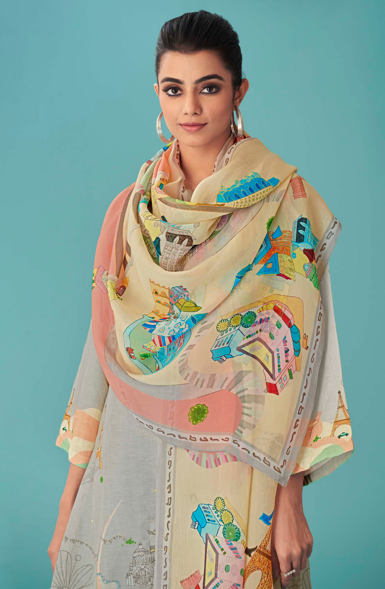 Grey Linen Beautiful Digital Printed Suit with Organza Dupatta - JOY638