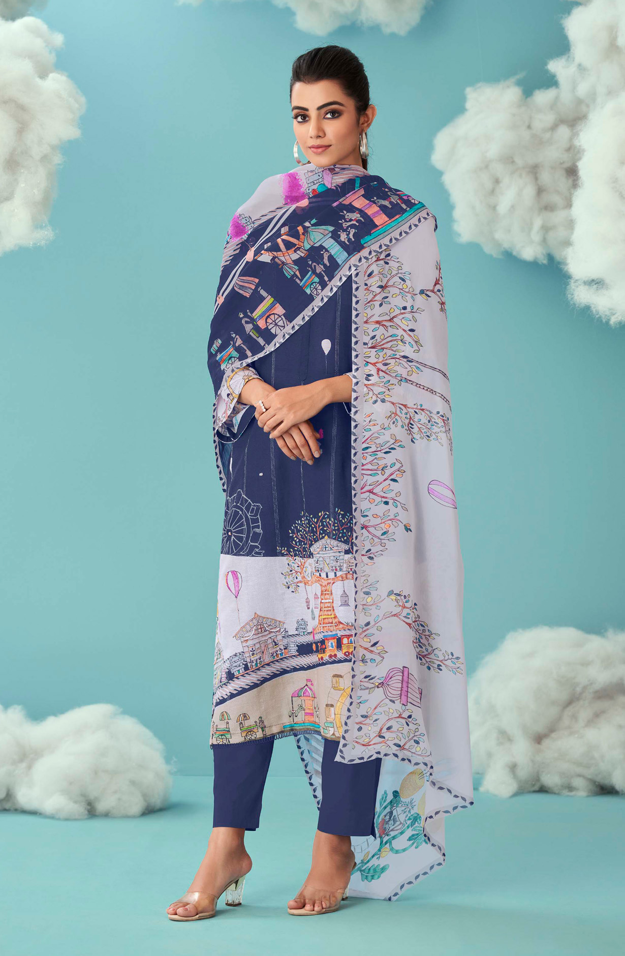 Blue Linen Beautiful Digital Printed Suit with Organza Dupatta - JOY652