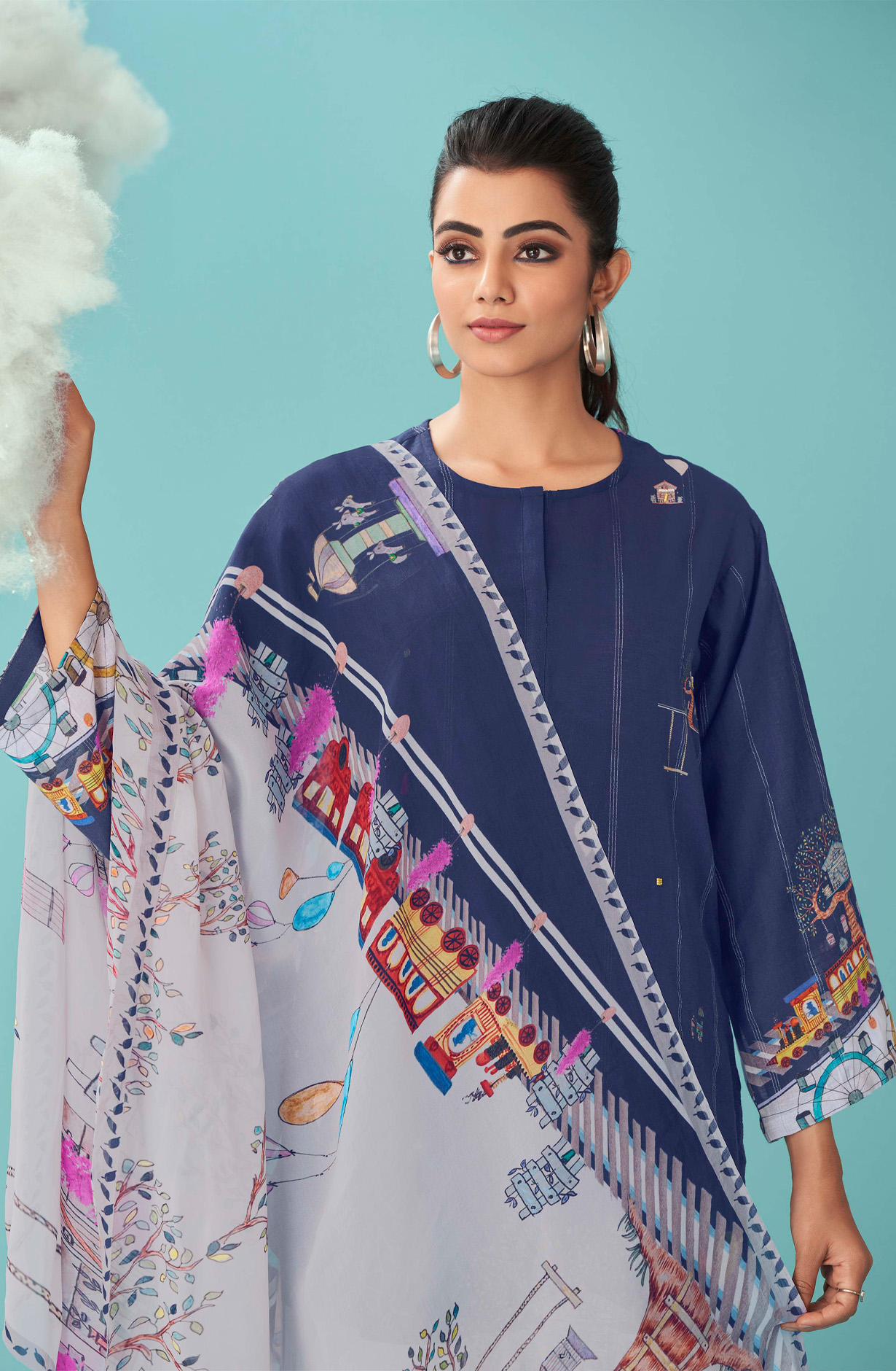 Blue Linen Beautiful Digital Printed Suit with Organza Dupatta - JOY652