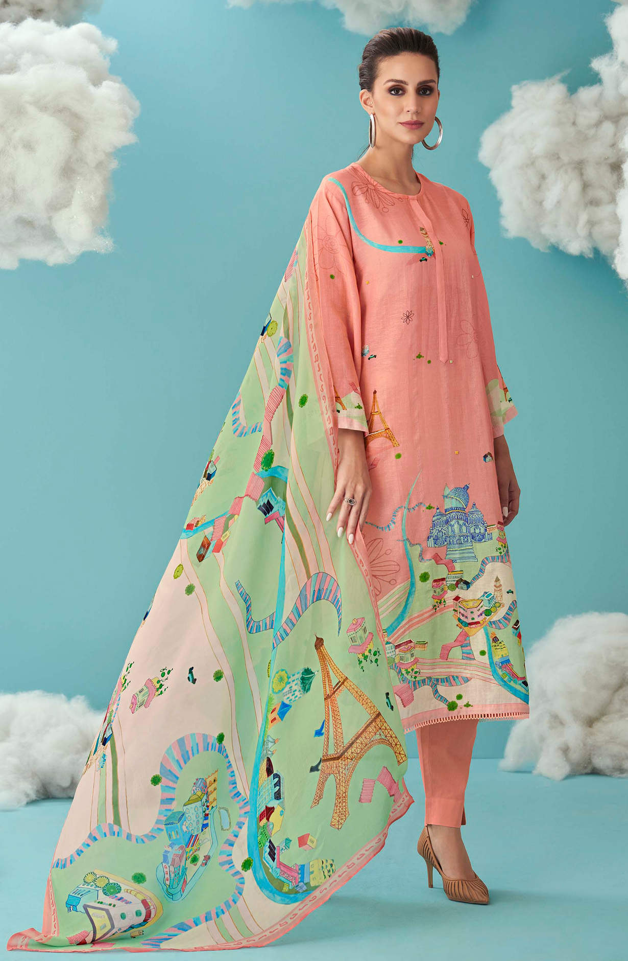 Peach Linen Beautiful Digital Printed Suit with Organza Dupatta - JOY656