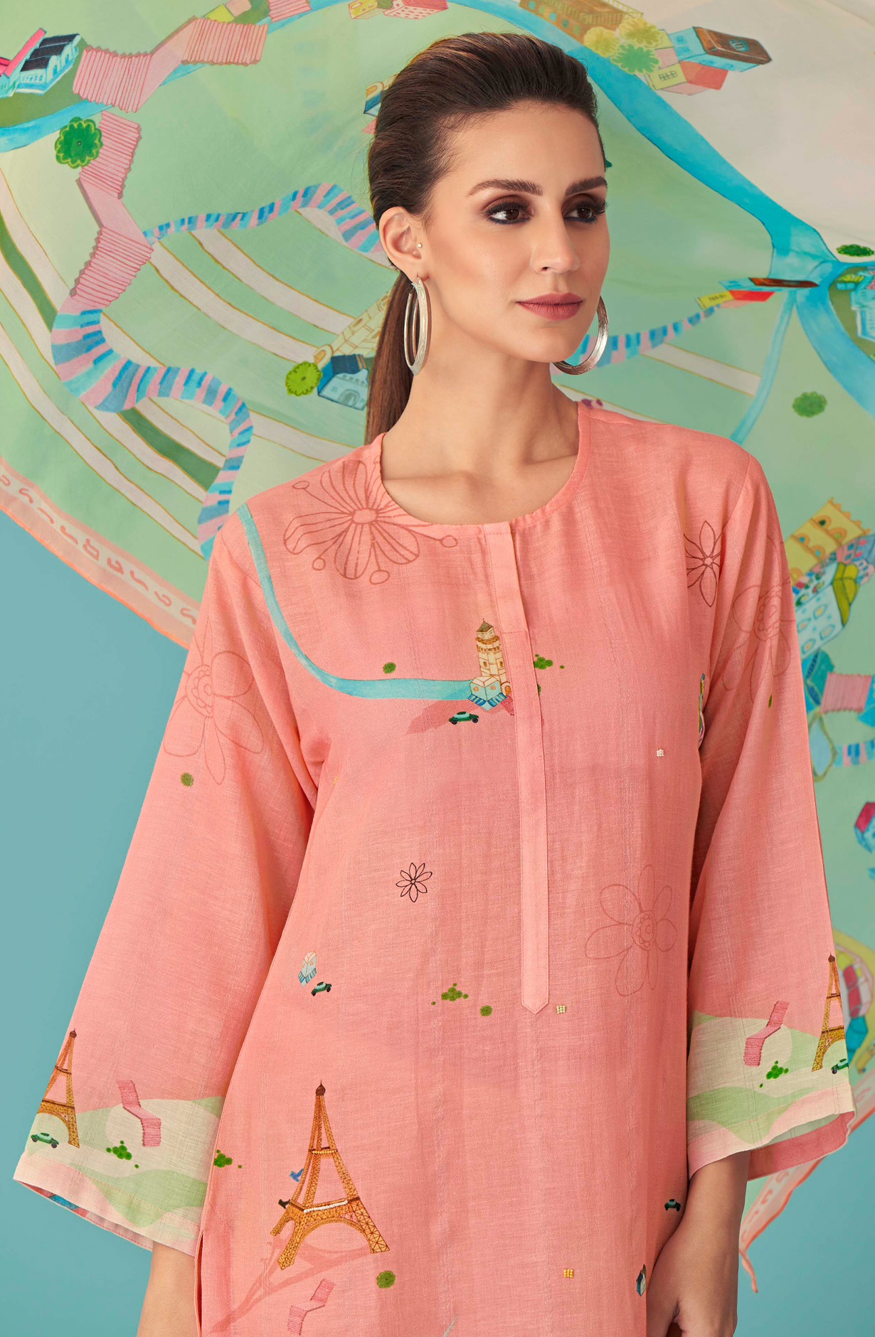 Peach Linen Beautiful Digital Printed Suit with Organza Dupatta - JOY656