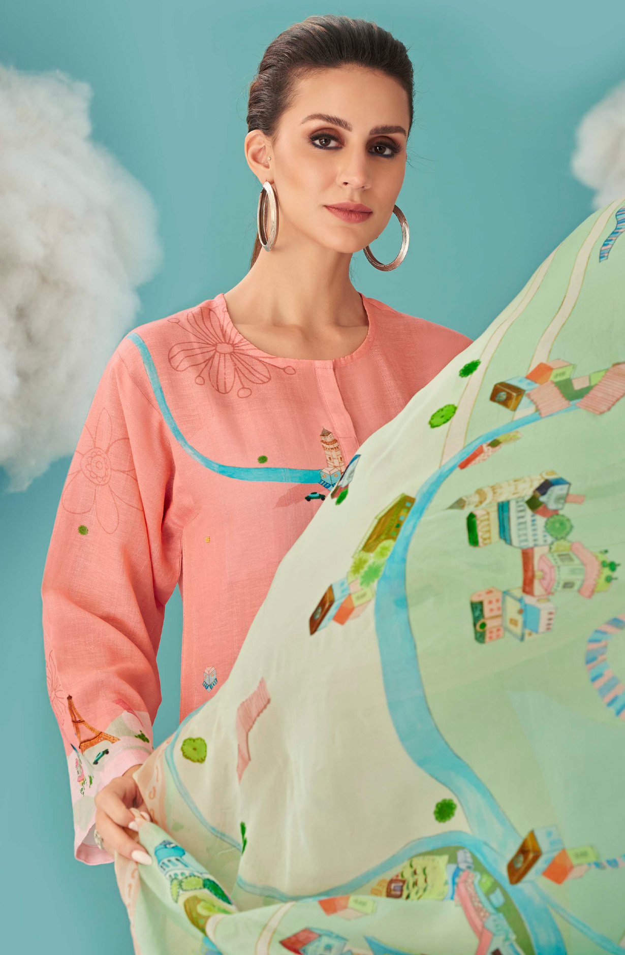 Peach Linen Beautiful Digital Printed Suit with Organza Dupatta - JOY656