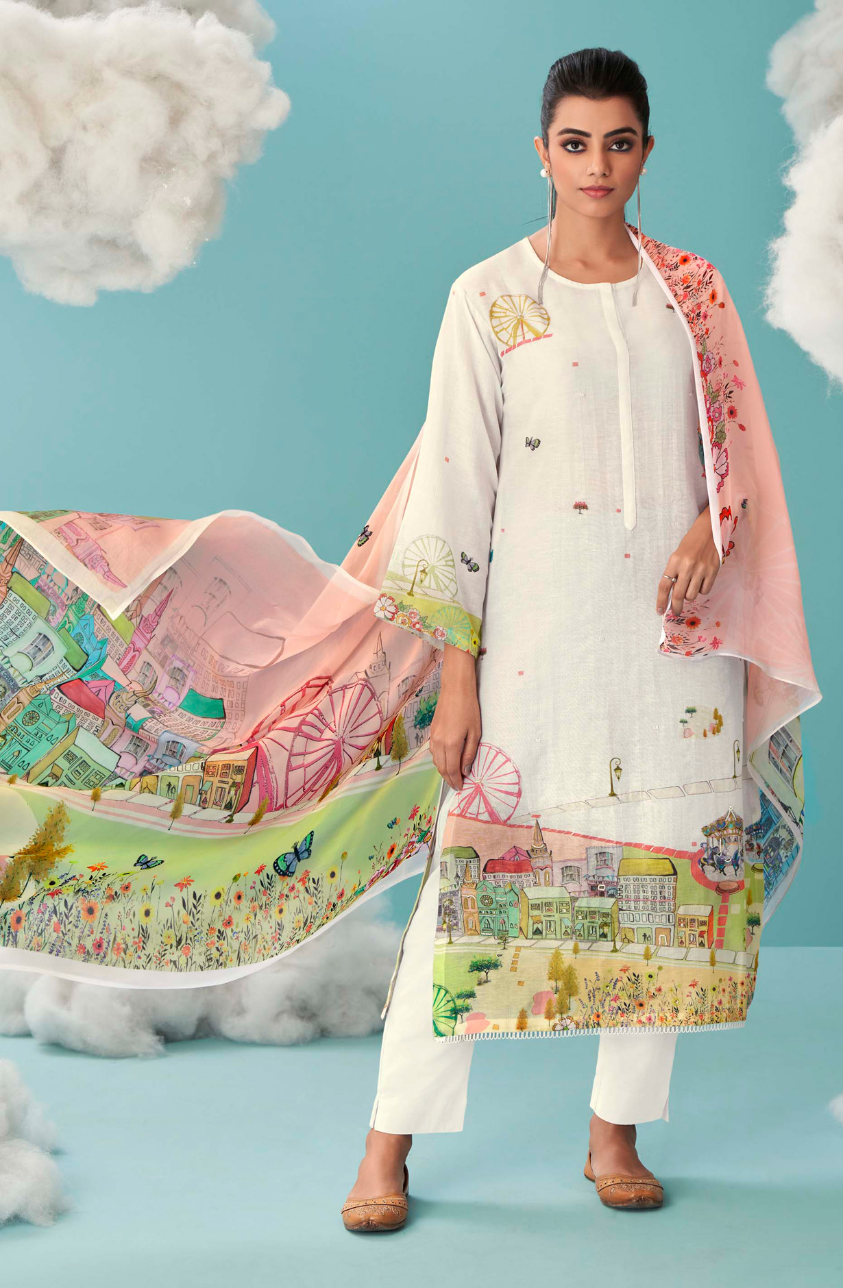 Off-white Linen Beautiful Digital Printed Suit with Organza Dupatta - JOY659