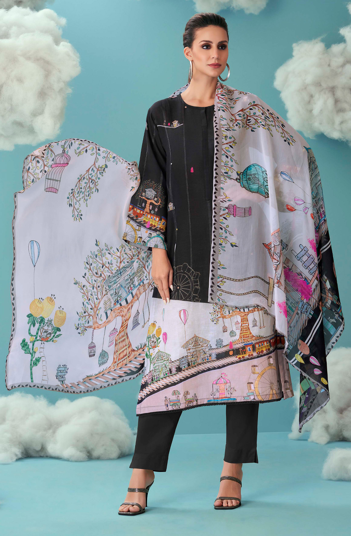 Black Linen Beautiful Digital Printed Suit with Organza Dupatta - JOY688