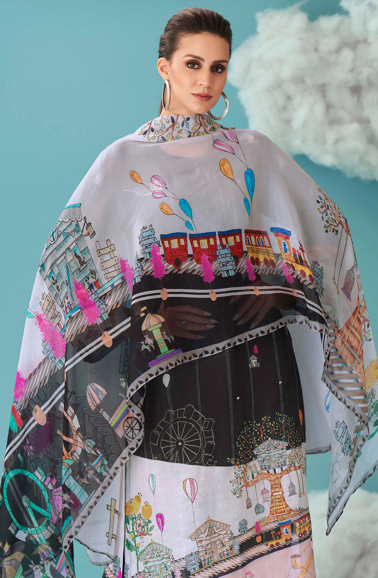 Black Linen Beautiful Digital Printed Suit with Organza Dupatta - JOY688