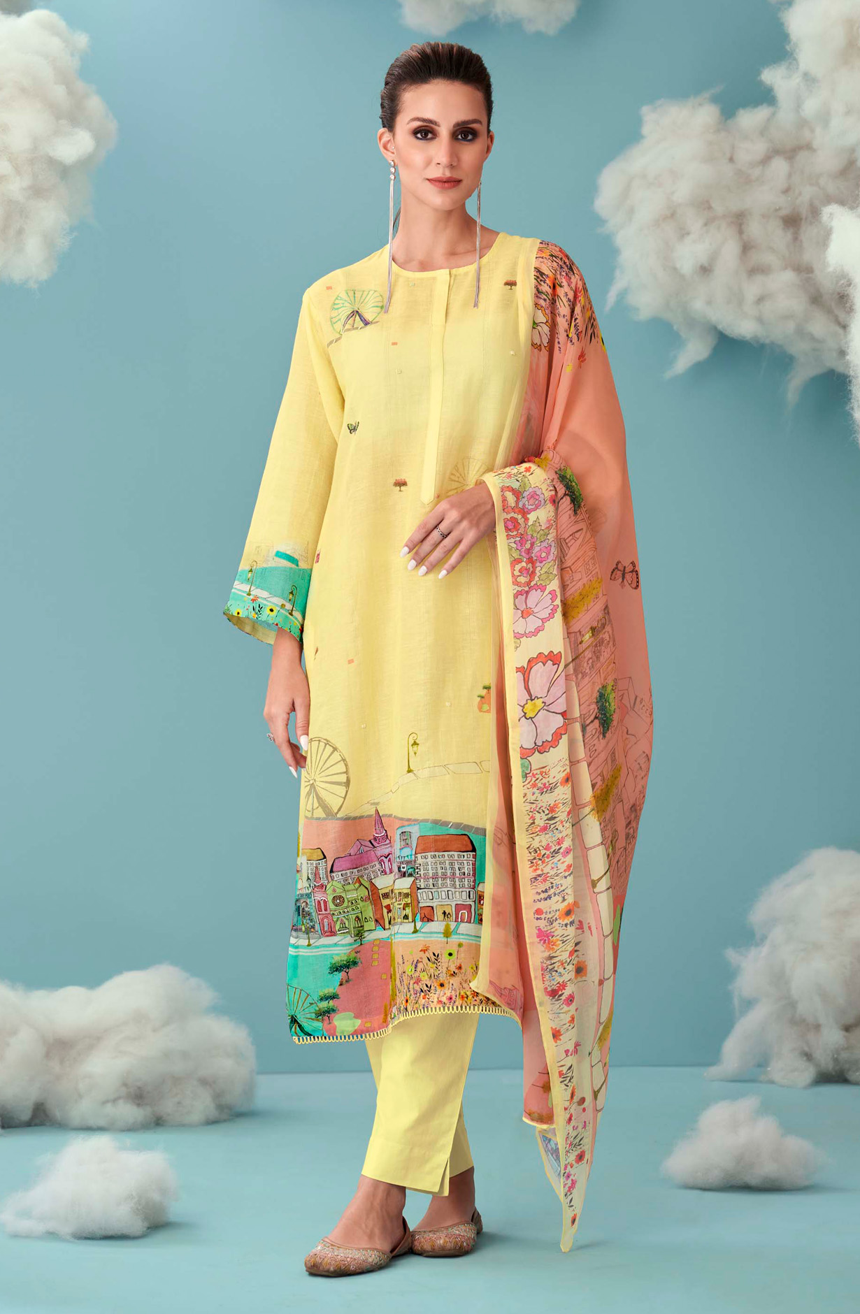 Yellow Linen Beautiful Digital Printed Suit with Organza Dupatta - JOY699