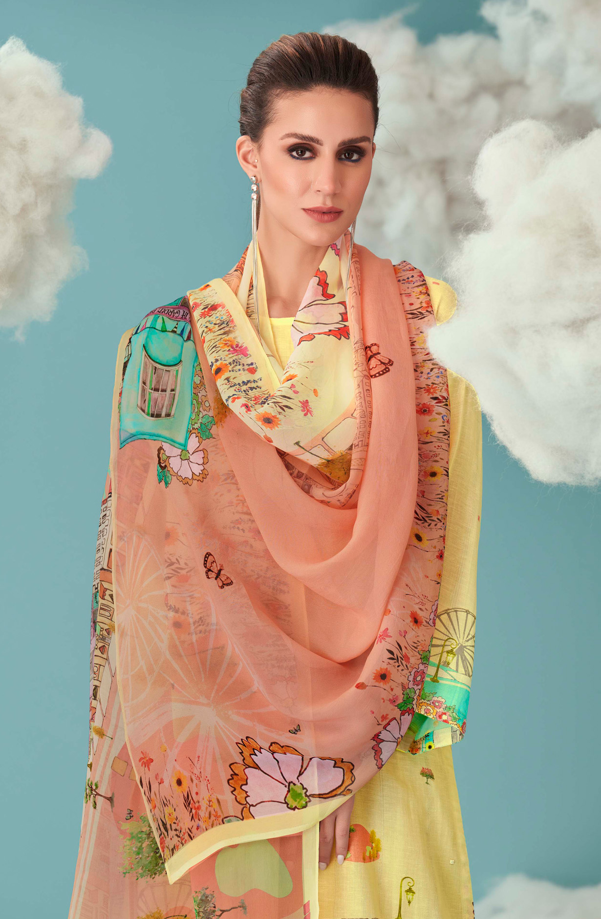 Yellow Linen Beautiful Digital Printed Suit with Organza Dupatta - JOY699