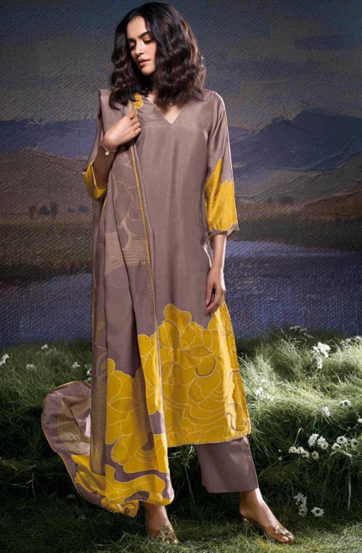 Russian Silk Printed with Hand Work Suit Set - JULC2075