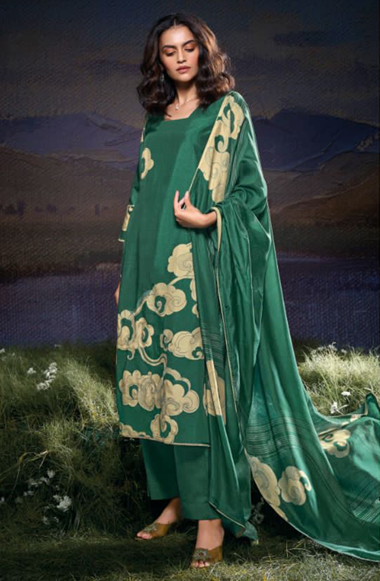 Russian Silk Printed with Hand Work Suit Set - JULC2076