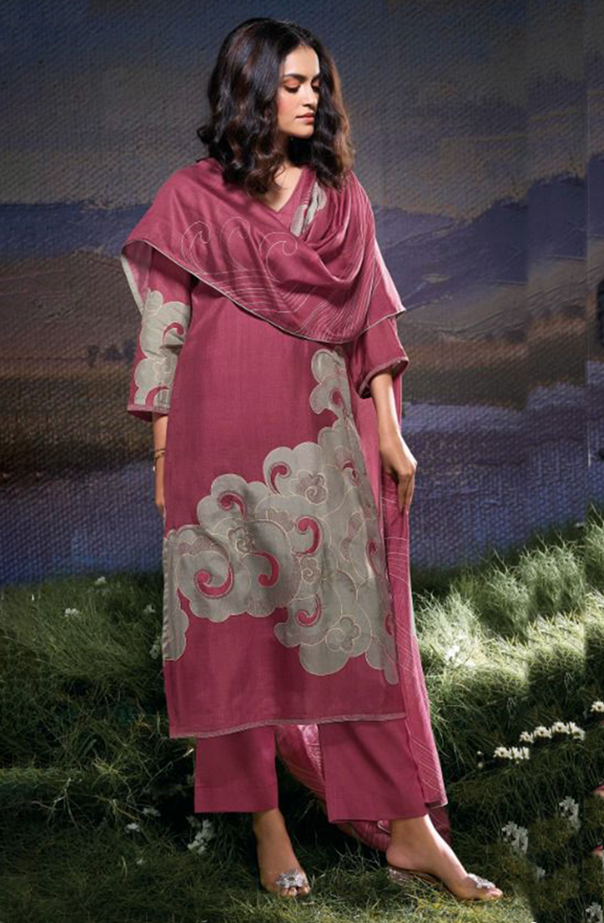 Russian Silk Printed with Hand Work Suit Set - JULC2077