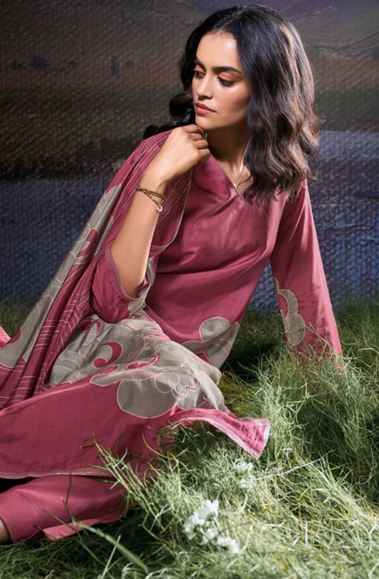 Russian Silk Printed with Hand Work Suit Set - JULC2077