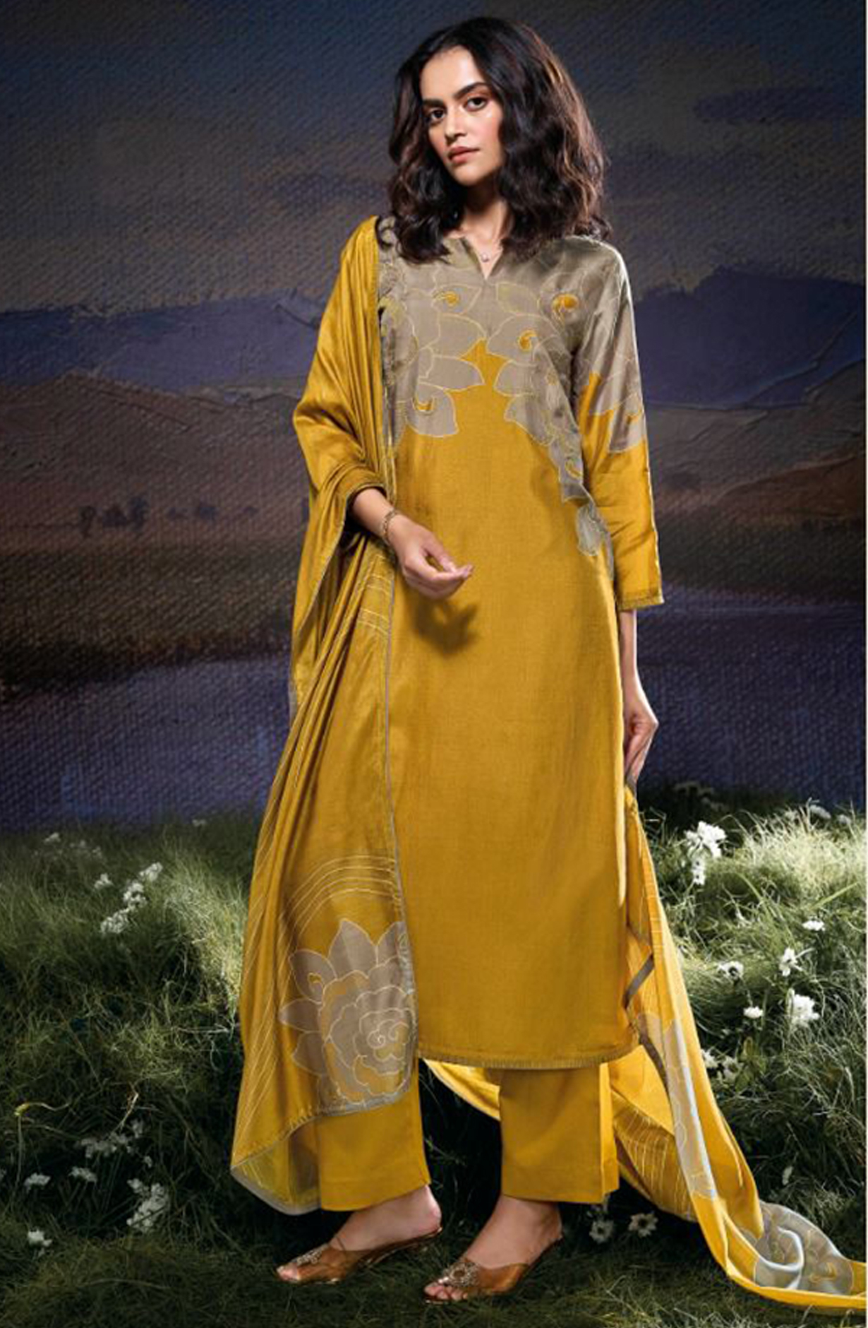 Russian Silk Printed with Hand Work Suit Set - JULC2078