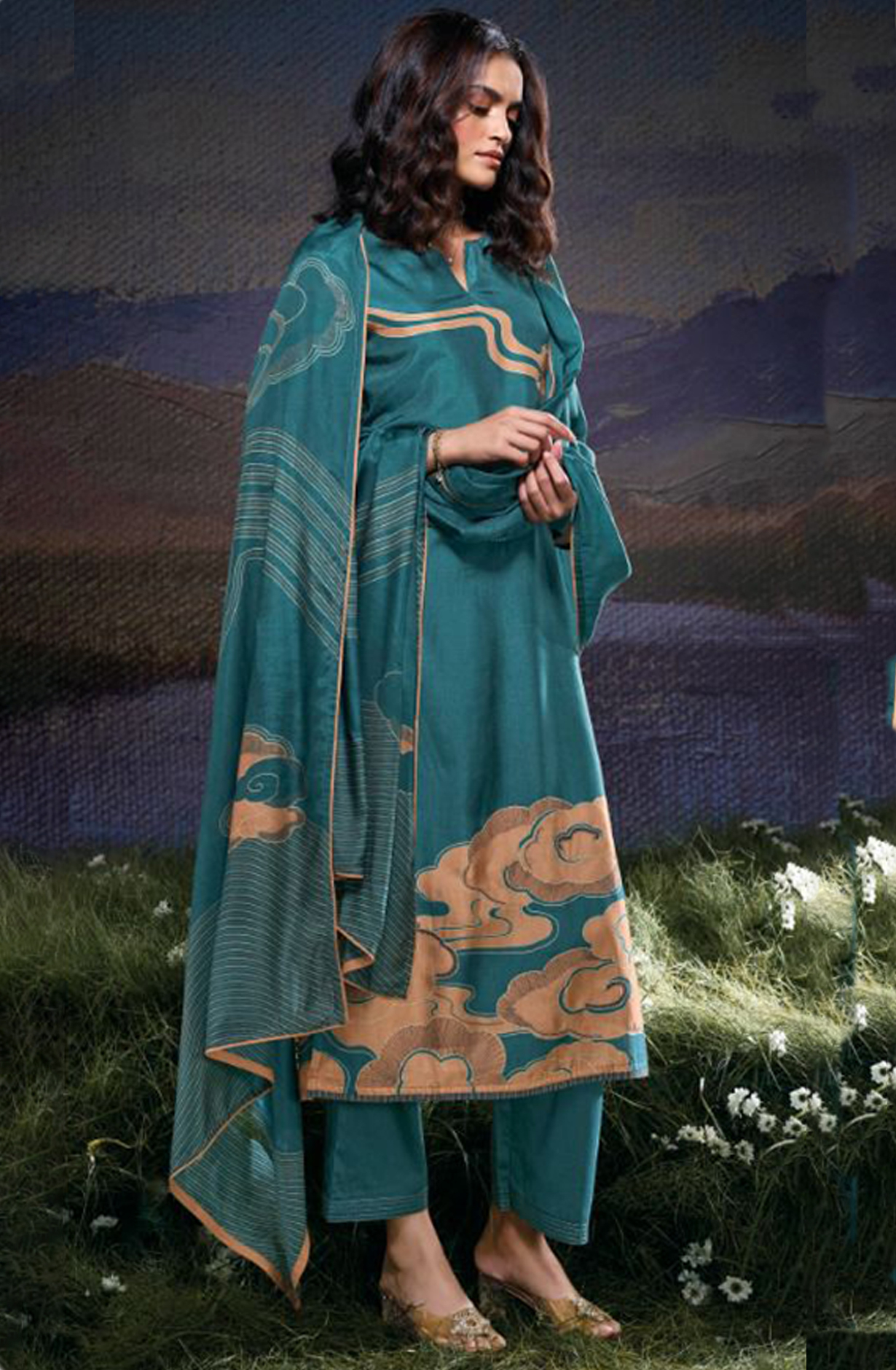 Russian Silk Printed with Hand Work Suit Set - JULC2079