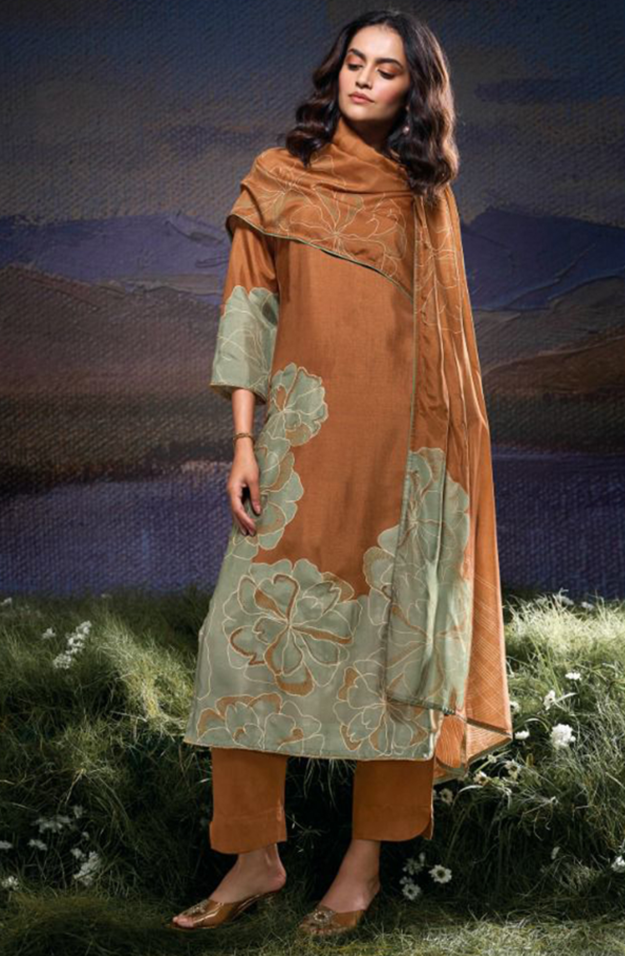 Russian Silk Printed with Hand Work Suit Set - JULC2080