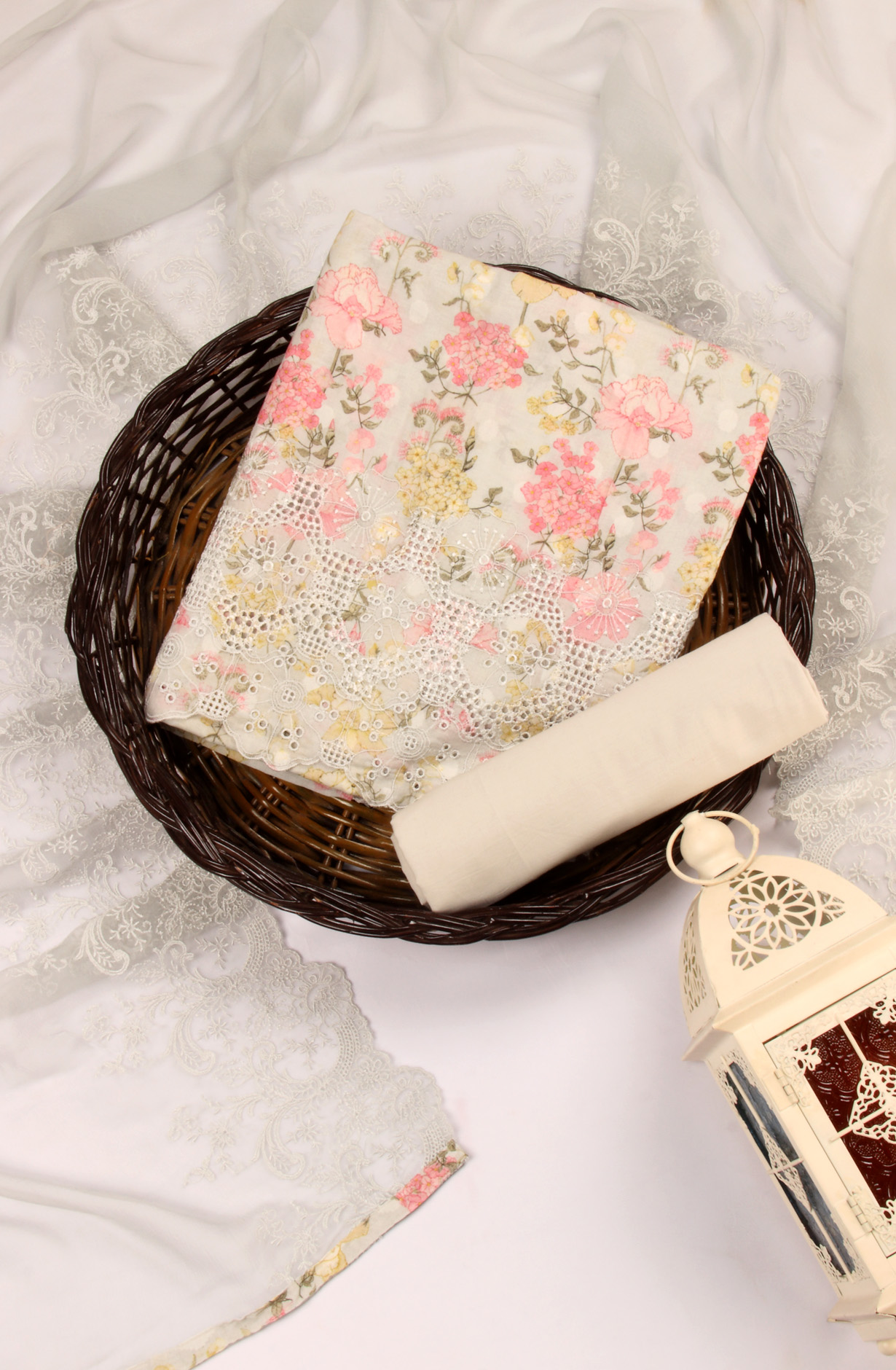 Grey Cotton Unstitched Salwar Suit with Chiffon Dupatta - JUN1201