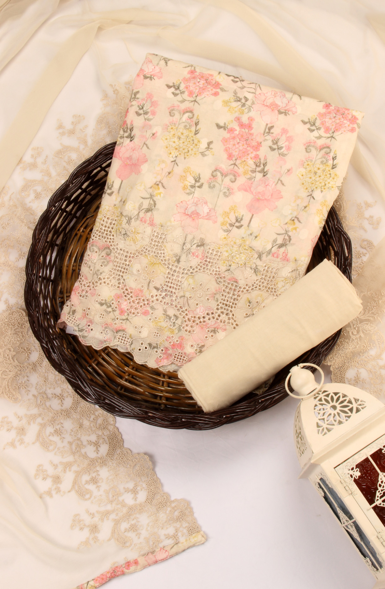 Beige Cotton Unstitched Salwar Suit with Chiffon Dupatta - JUN1203