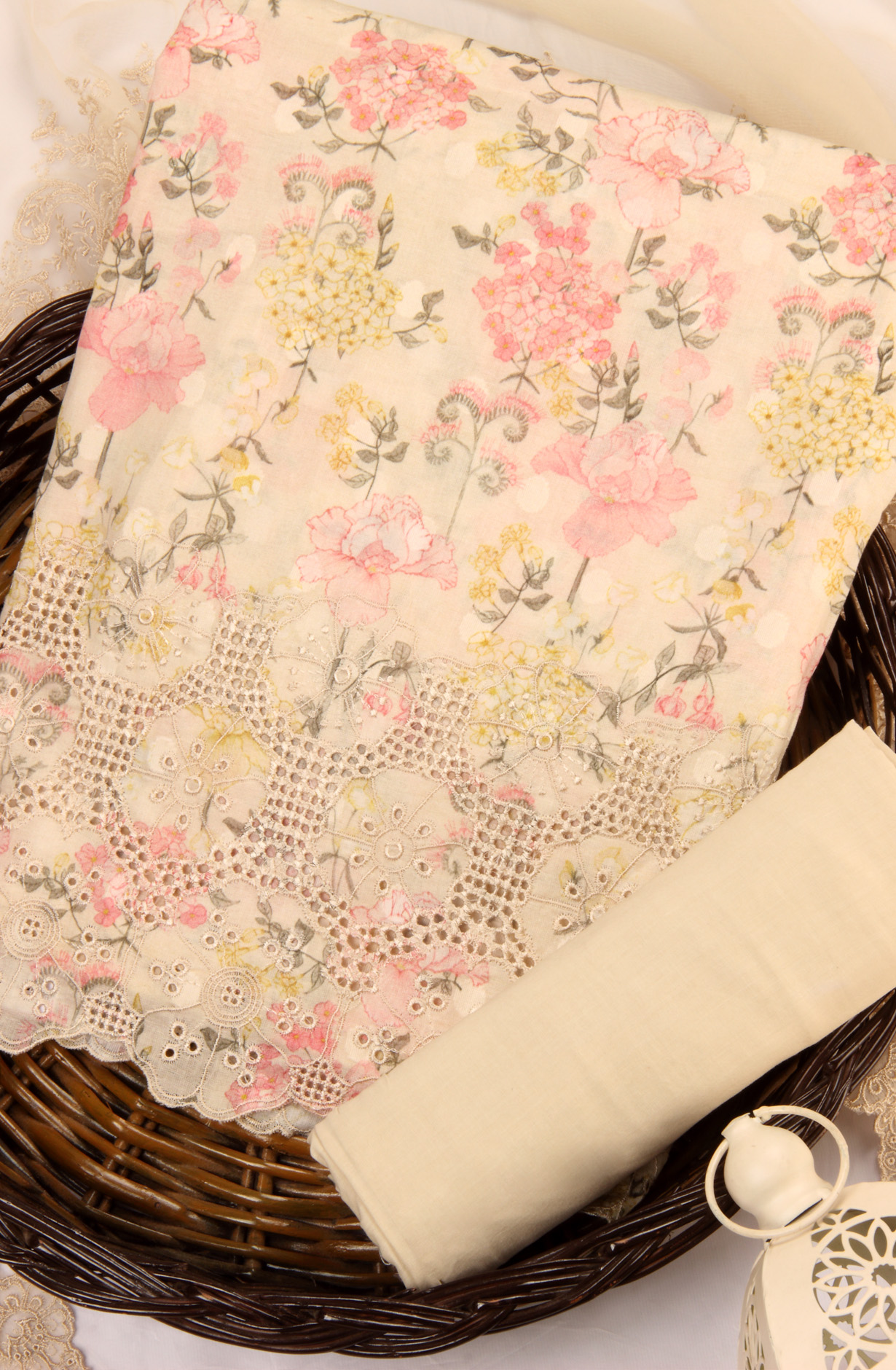 Beige Cotton Unstitched Salwar Suit with Chiffon Dupatta - JUN1203