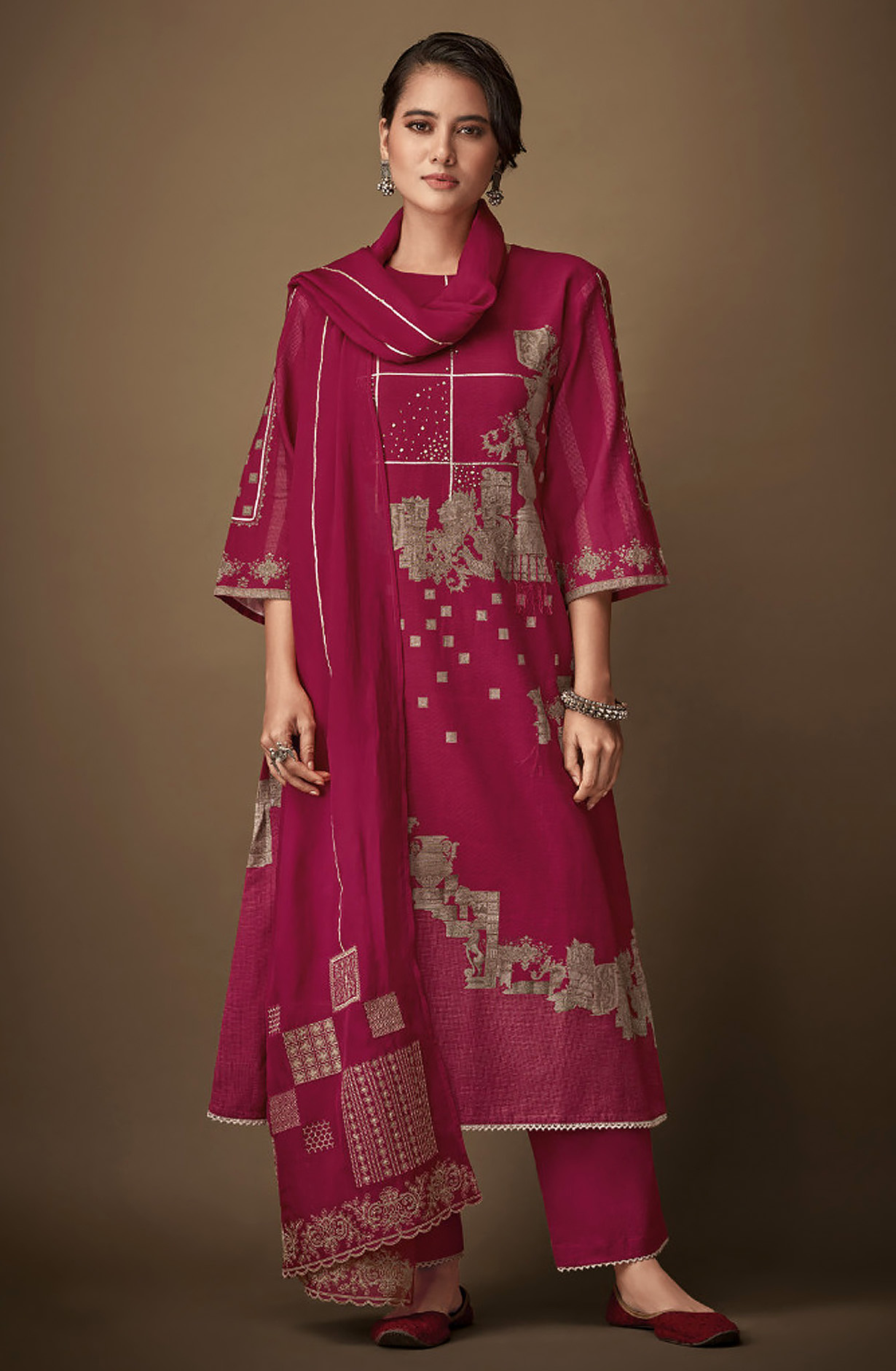 Magenta Linen Digital Printed Salwar Suit with Organza Dupatta - KAL2331A