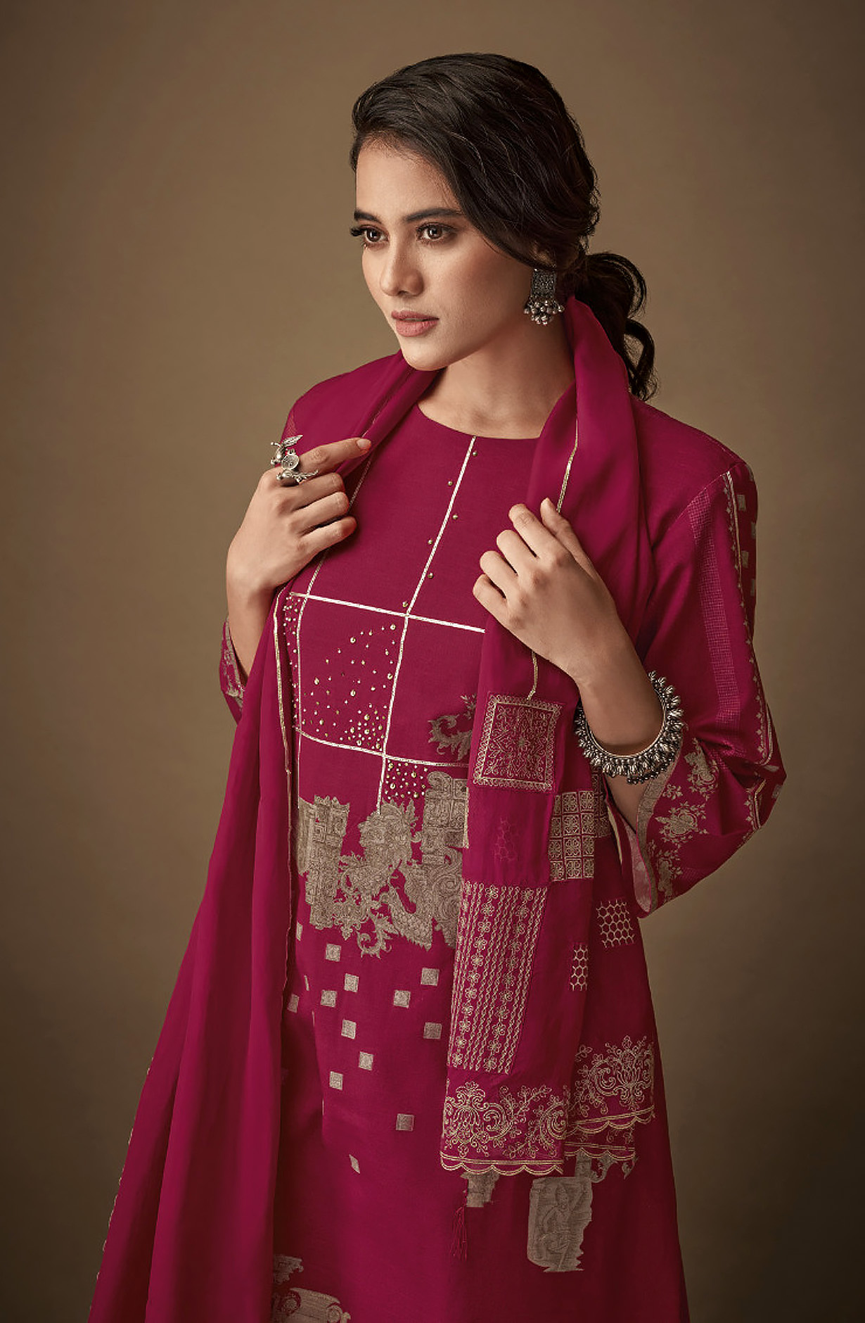 Magenta Linen Digital Printed Salwar Suit with Organza Dupatta - KAL2331A