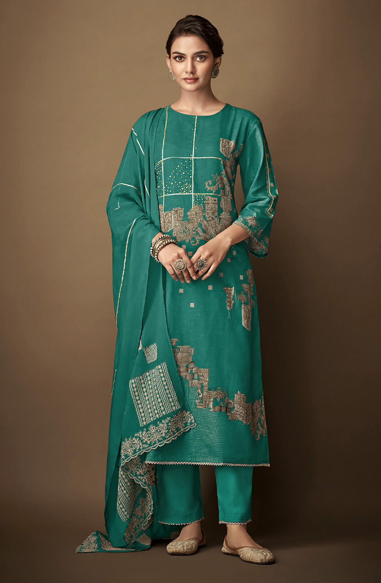 Firozi Linen Digital Printed Salwar Suit with Organza Dupatta - KAL2331B