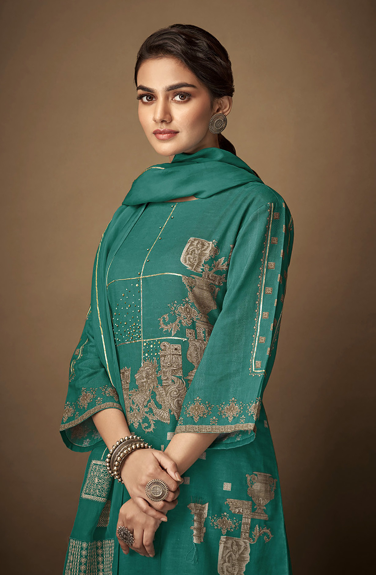 Firozi Linen Digital Printed Salwar Suit with Organza Dupatta - KAL2331B