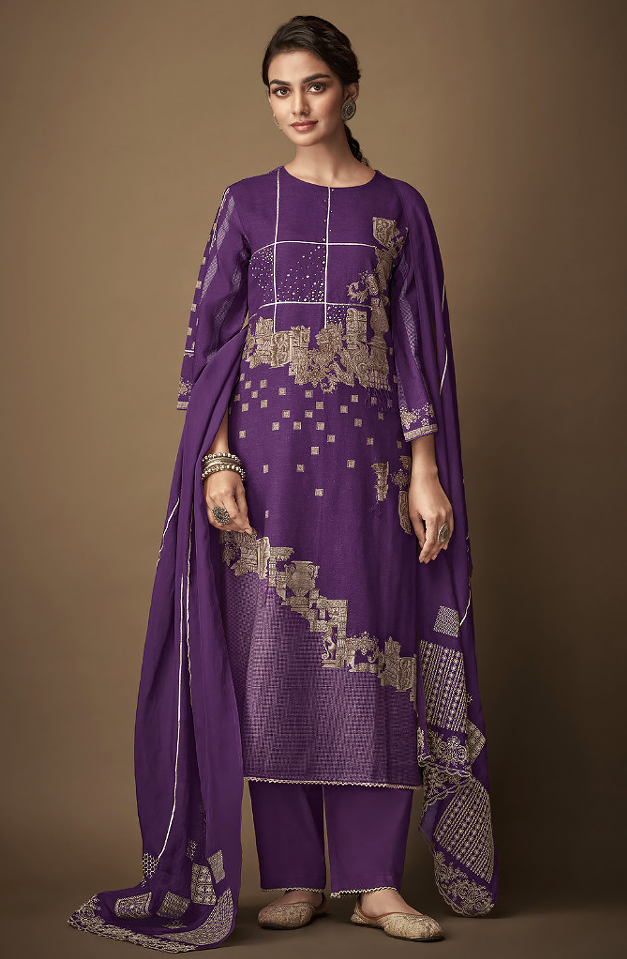 Purple Linen Digital Printed Salwar Suit with Organza Dupatta - KAL2331C