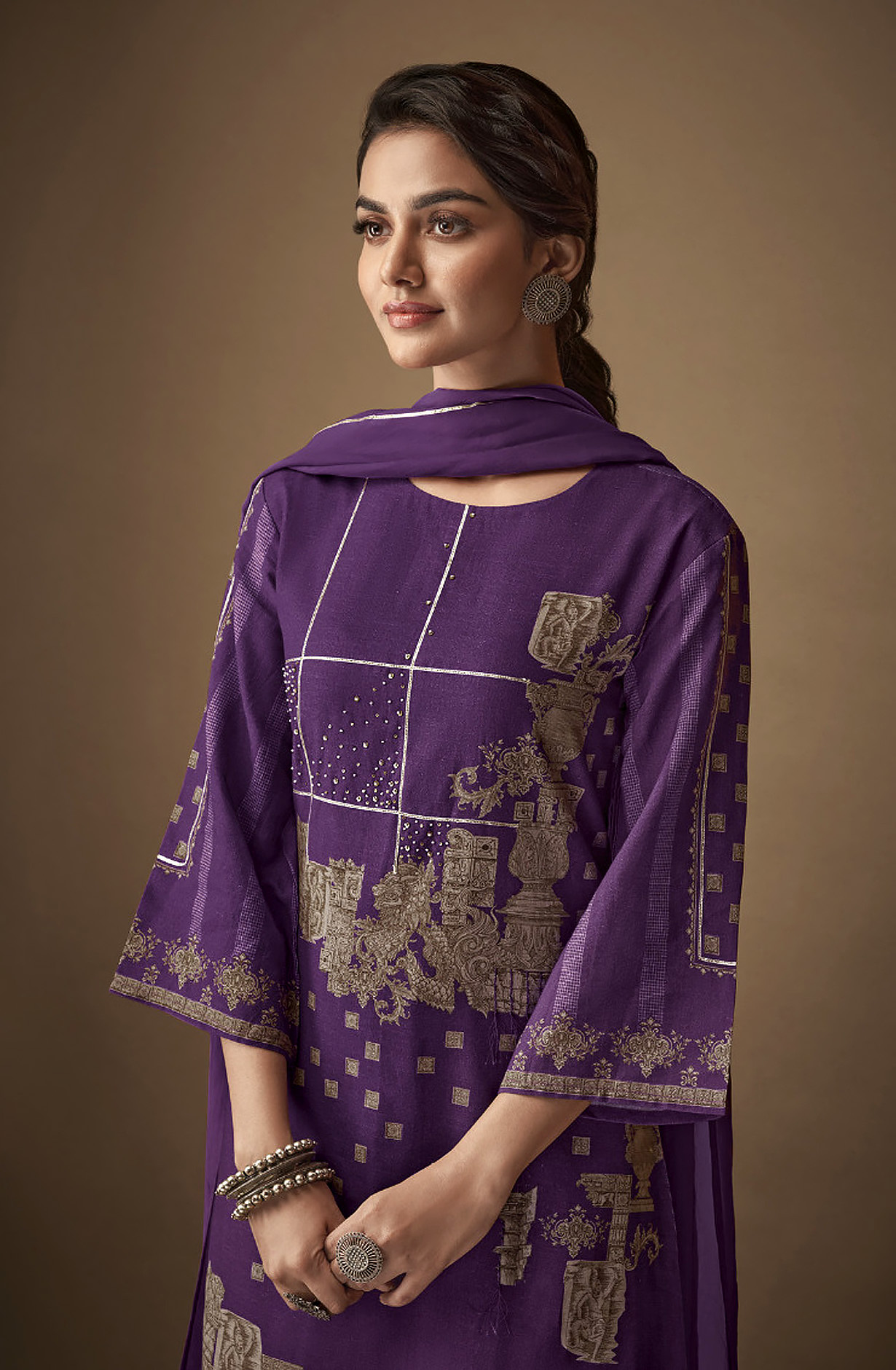 Purple Linen Digital Printed Salwar Suit with Organza Dupatta - KAL2331C