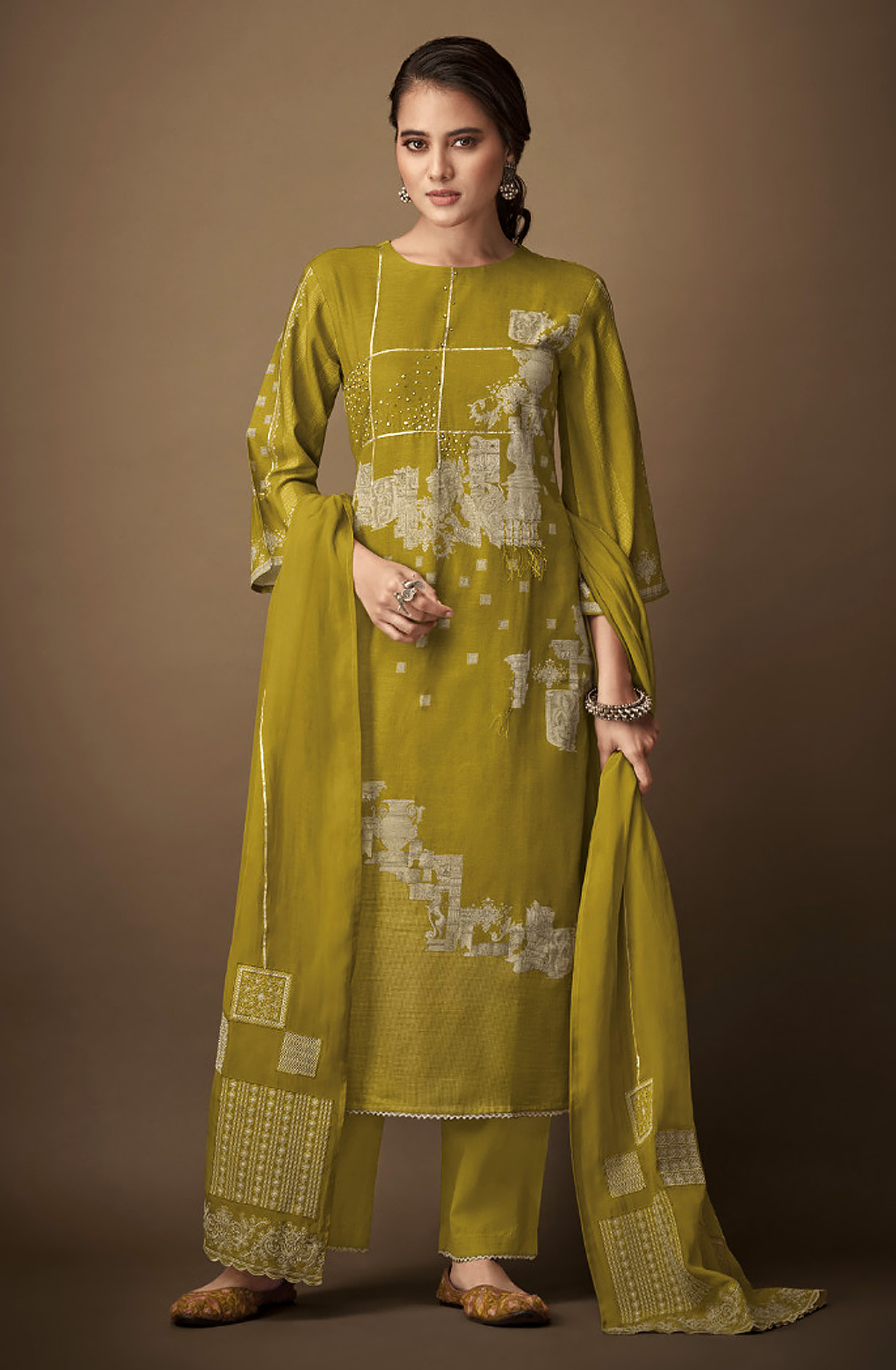 Mehndi Green Linen Digital Printed Salwar Suit with Organza Dupatta - KAL2331D