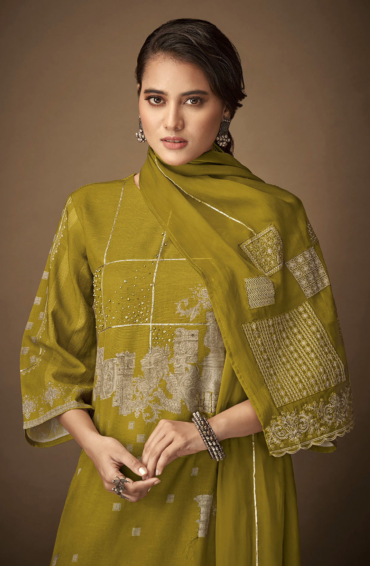Mehndi Green Linen Digital Printed Salwar Suit with Organza Dupatta - KAL2331D