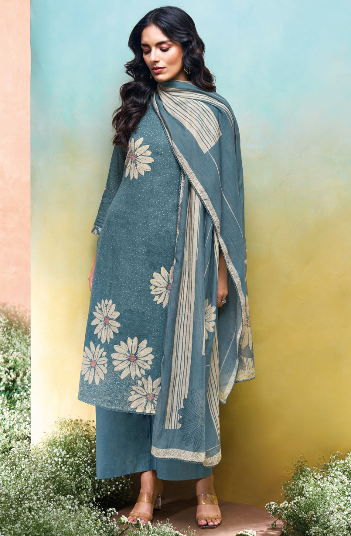 Blue Cotton Linen Suit Set with Printed Dupatta- KALS3679A