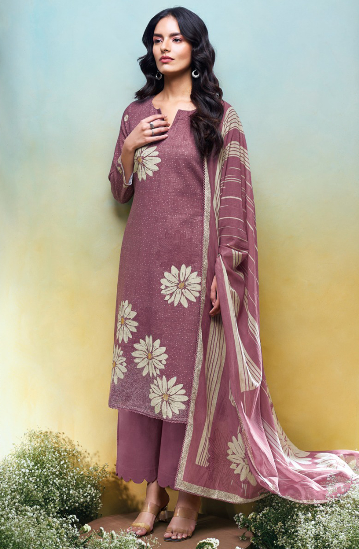 Wine Cotton Linen Suit Set with Printed Dupatta- KALS3679B