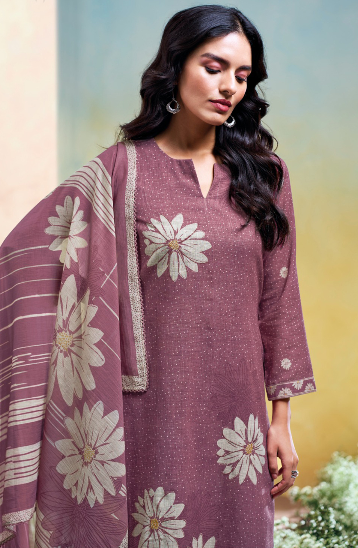 Wine Cotton Linen Suit Set with Printed Dupatta- KALS3679B