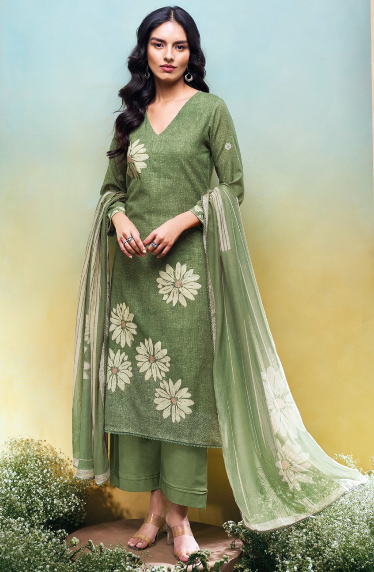 Green Cotton Linen Suit Set with Printed Dupatta- KALS3679C