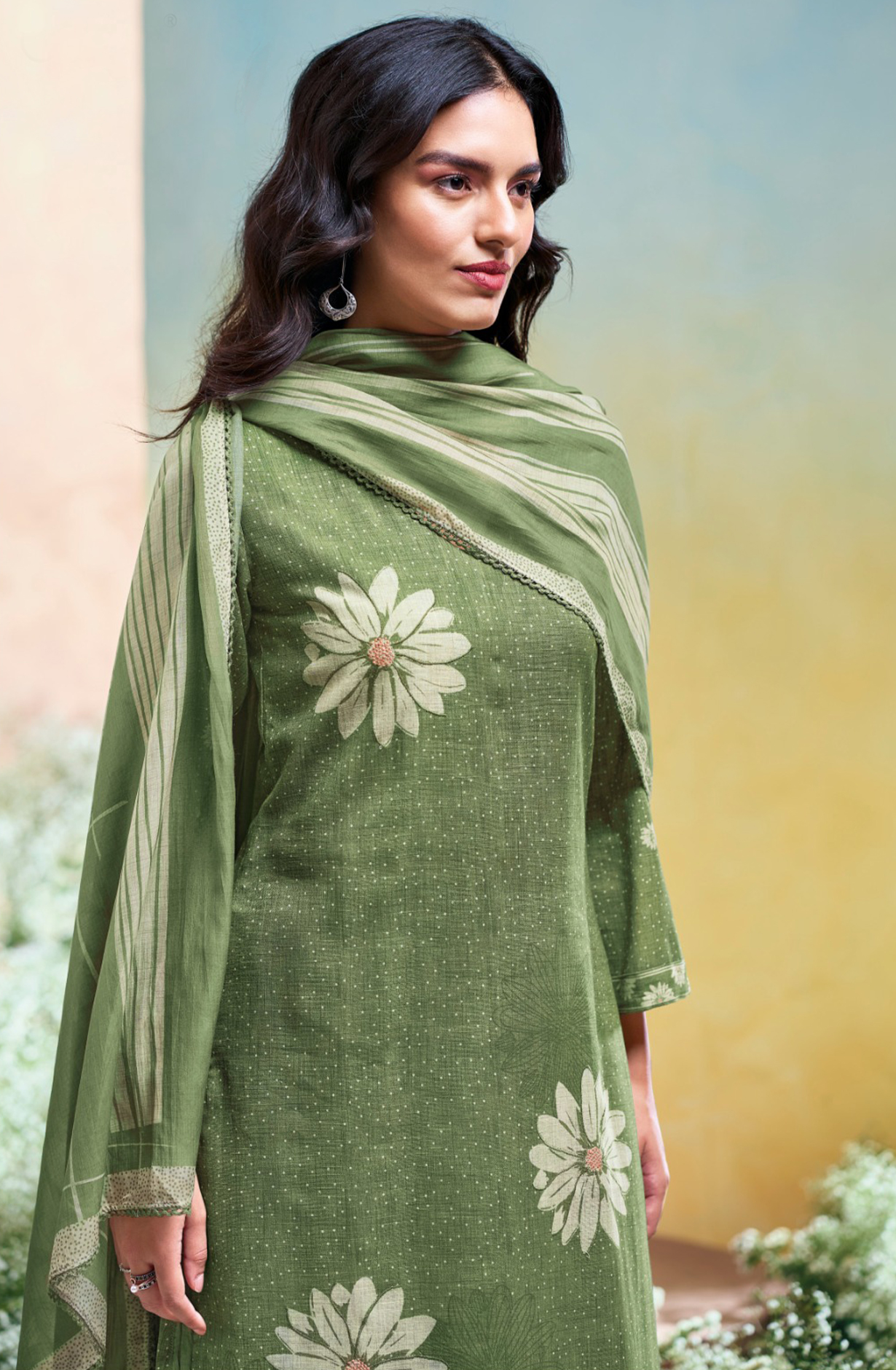 Green Cotton Linen Suit Set with Printed Dupatta- KALS3679C