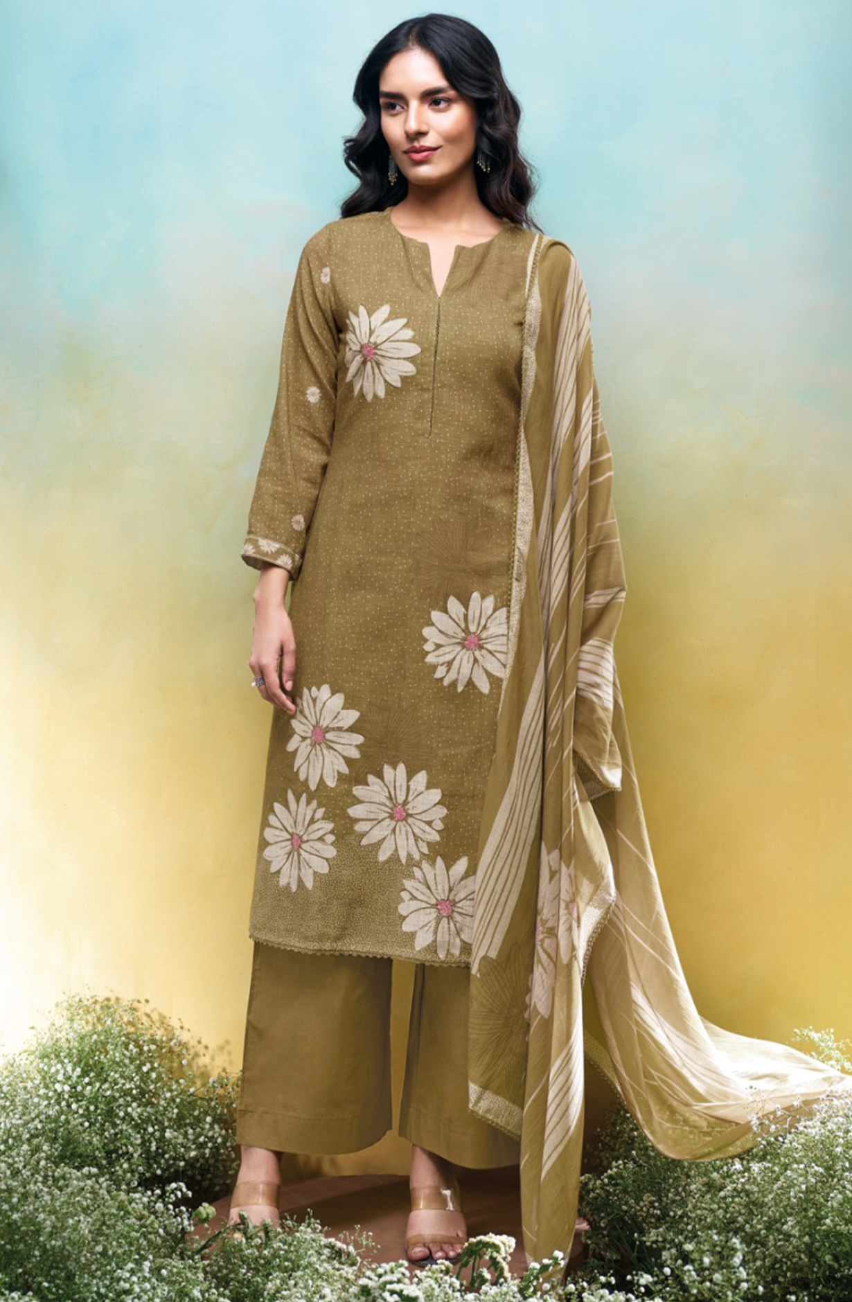 Brown Cotton Linen Suit Set with Printed Dupatta- KALS3679D