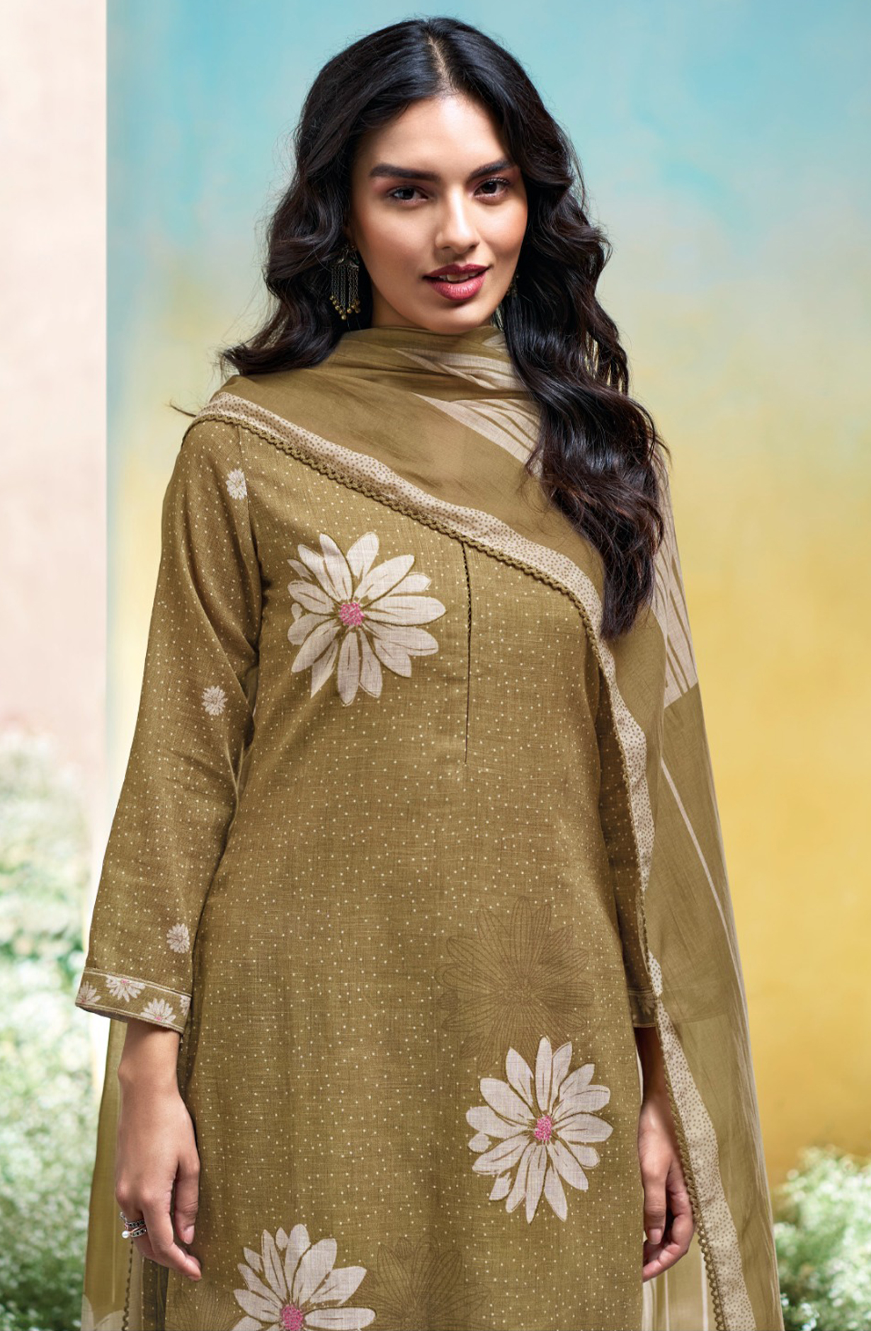 Brown Cotton Linen Suit Set with Printed Dupatta- KALS3679D