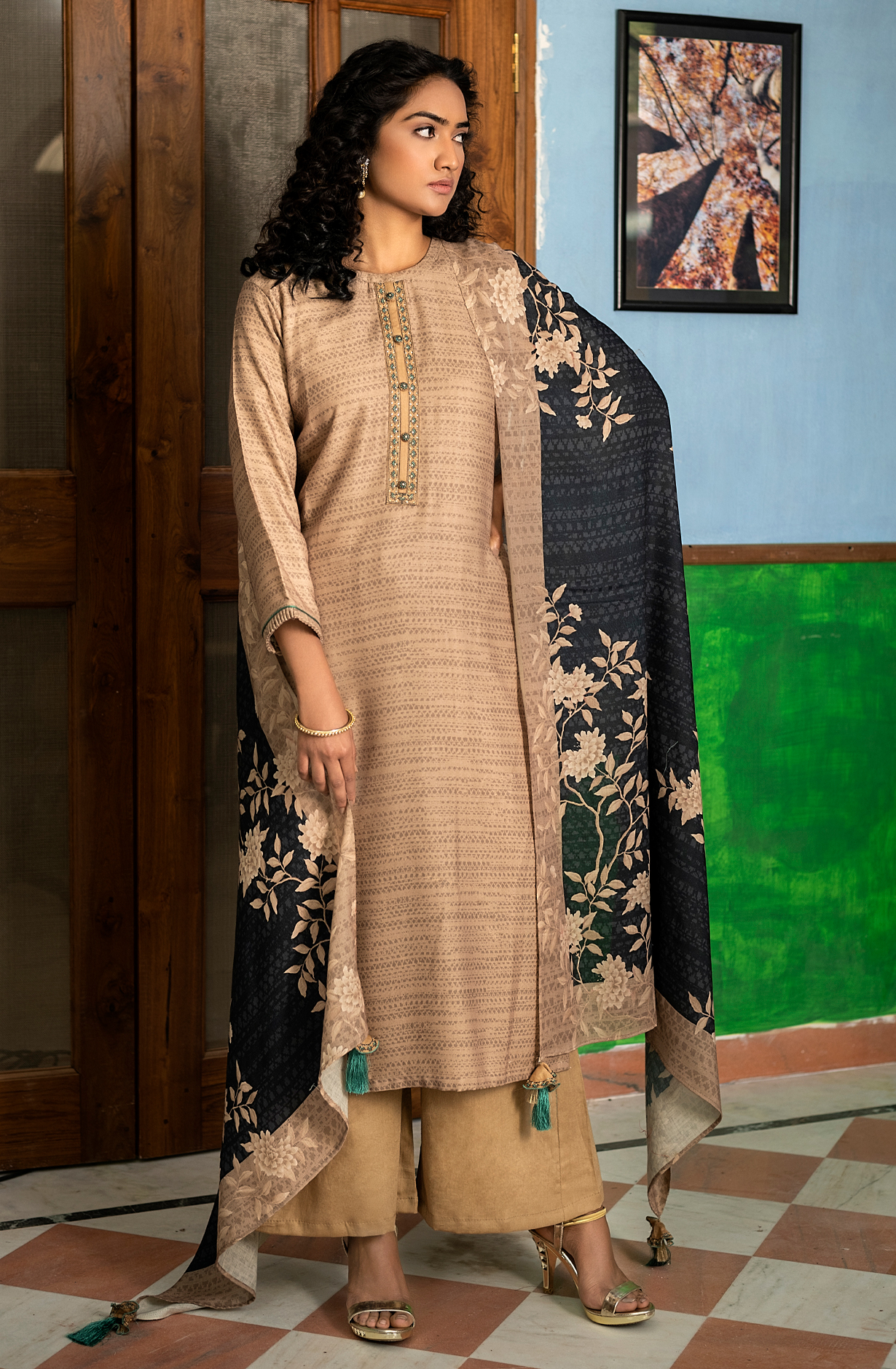 Beige Pashmina Unstitched Salwar Kameez - KAP1552