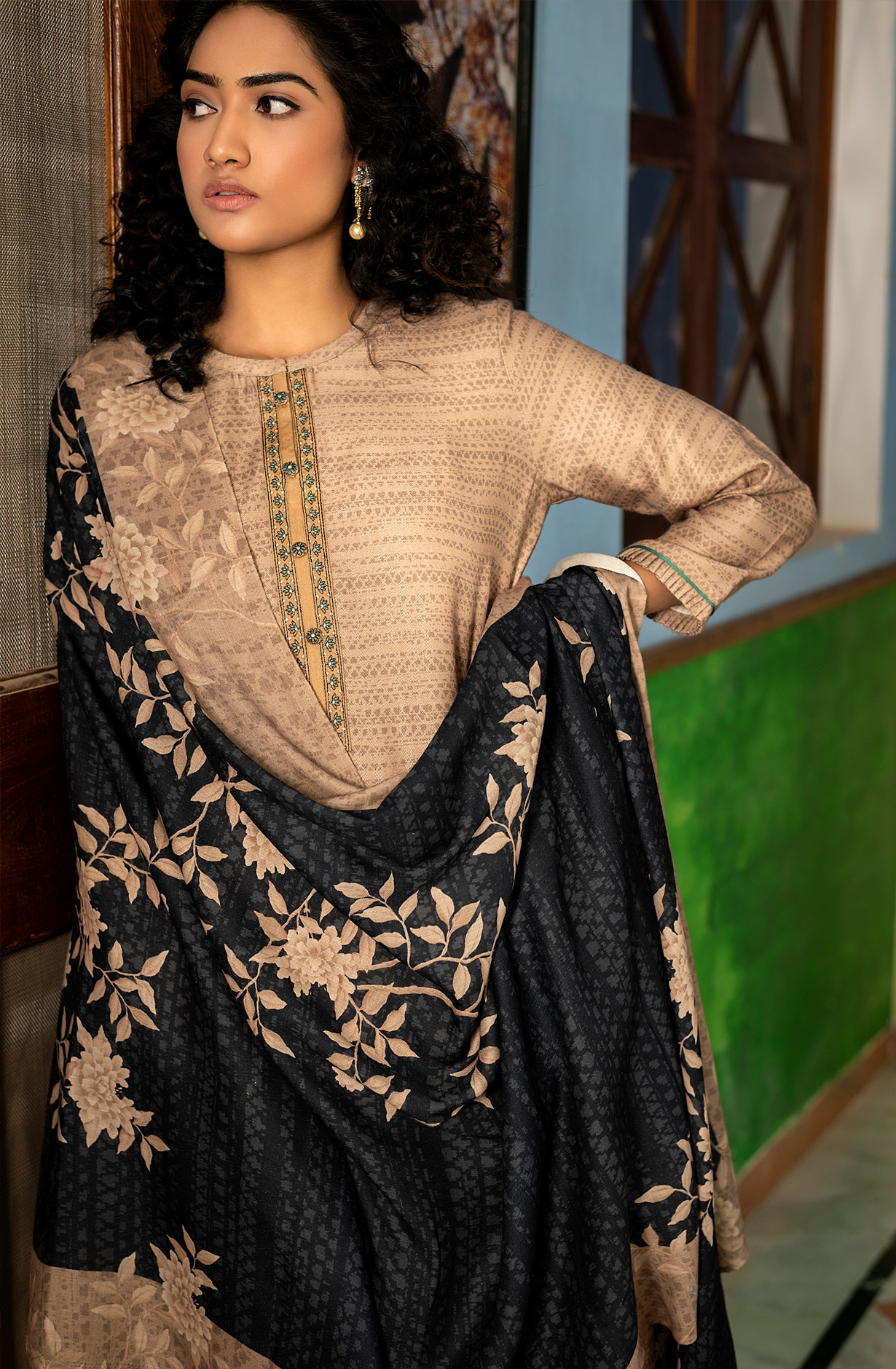 Beige Pashmina Unstitched Salwar Kameez - KAP1552