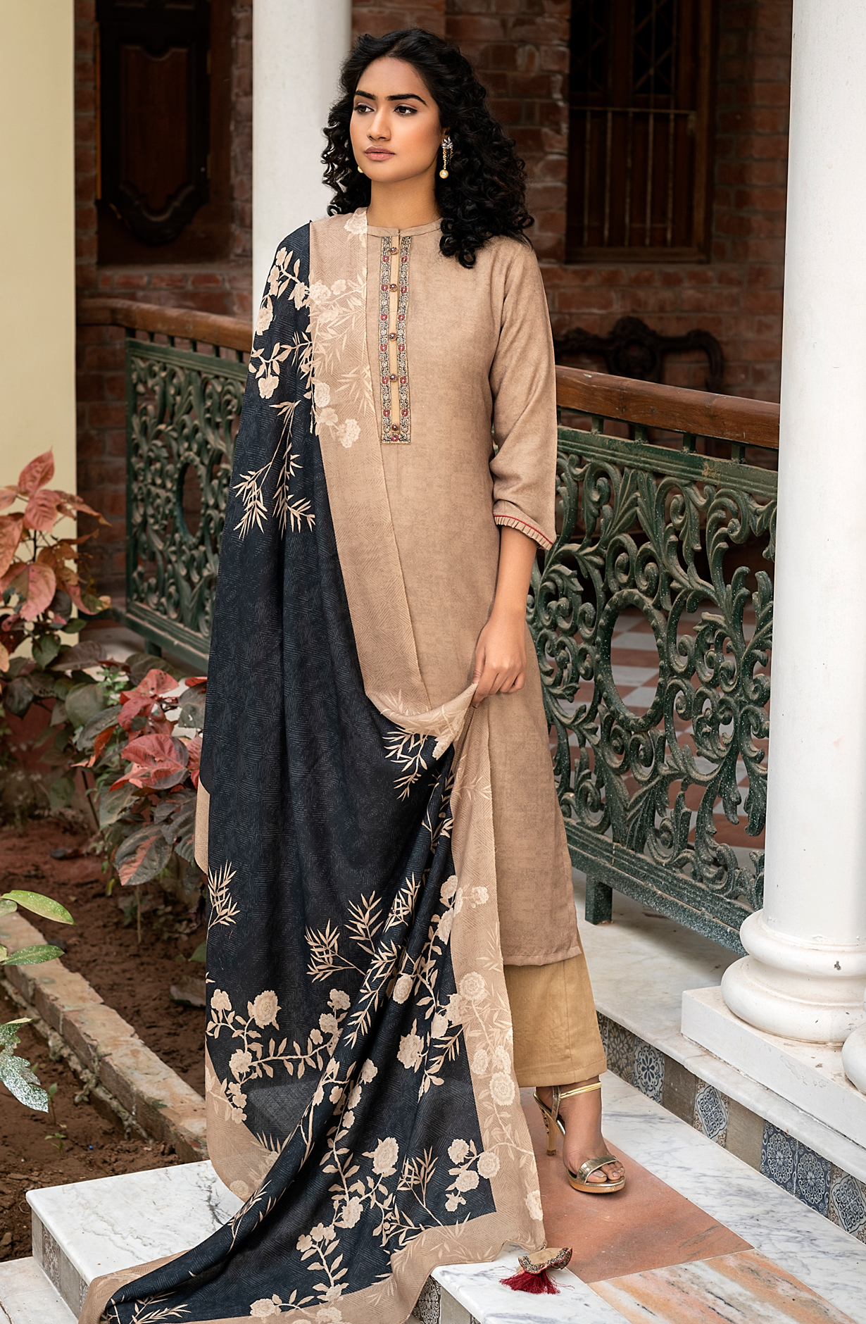 Beige Pashmina Unstitched Salwar Kameez - KAP1554