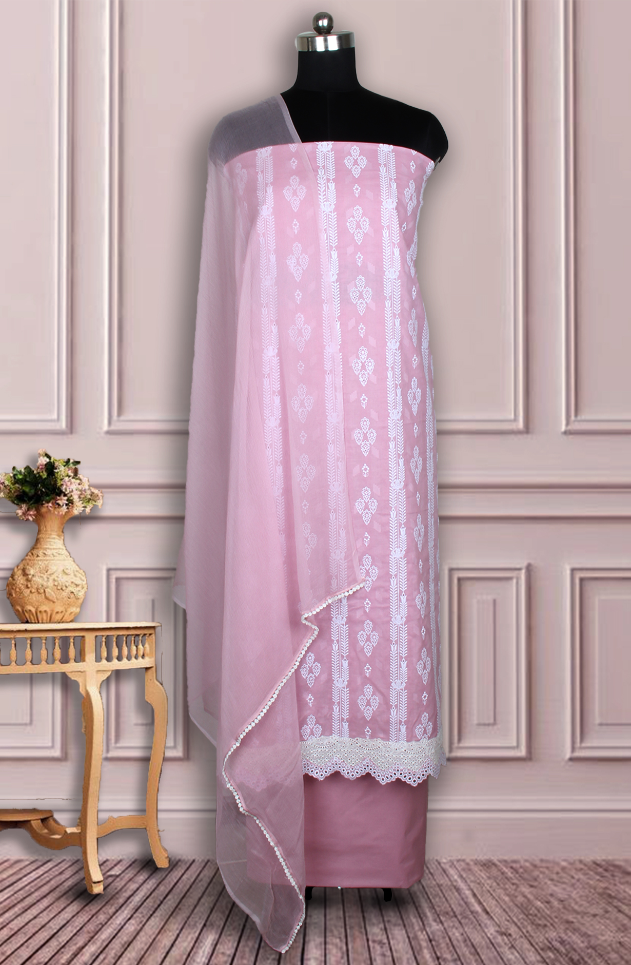 Pink Exclusive Cotton Jacquard Embroidered Salwar Kameez with Chiffon Dupatta - KAR14376A