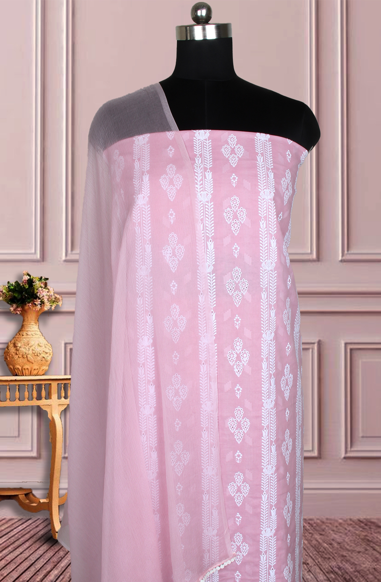 Pink Exclusive Cotton Jacquard Embroidered Salwar Kameez with Chiffon Dupatta - KAR14376A