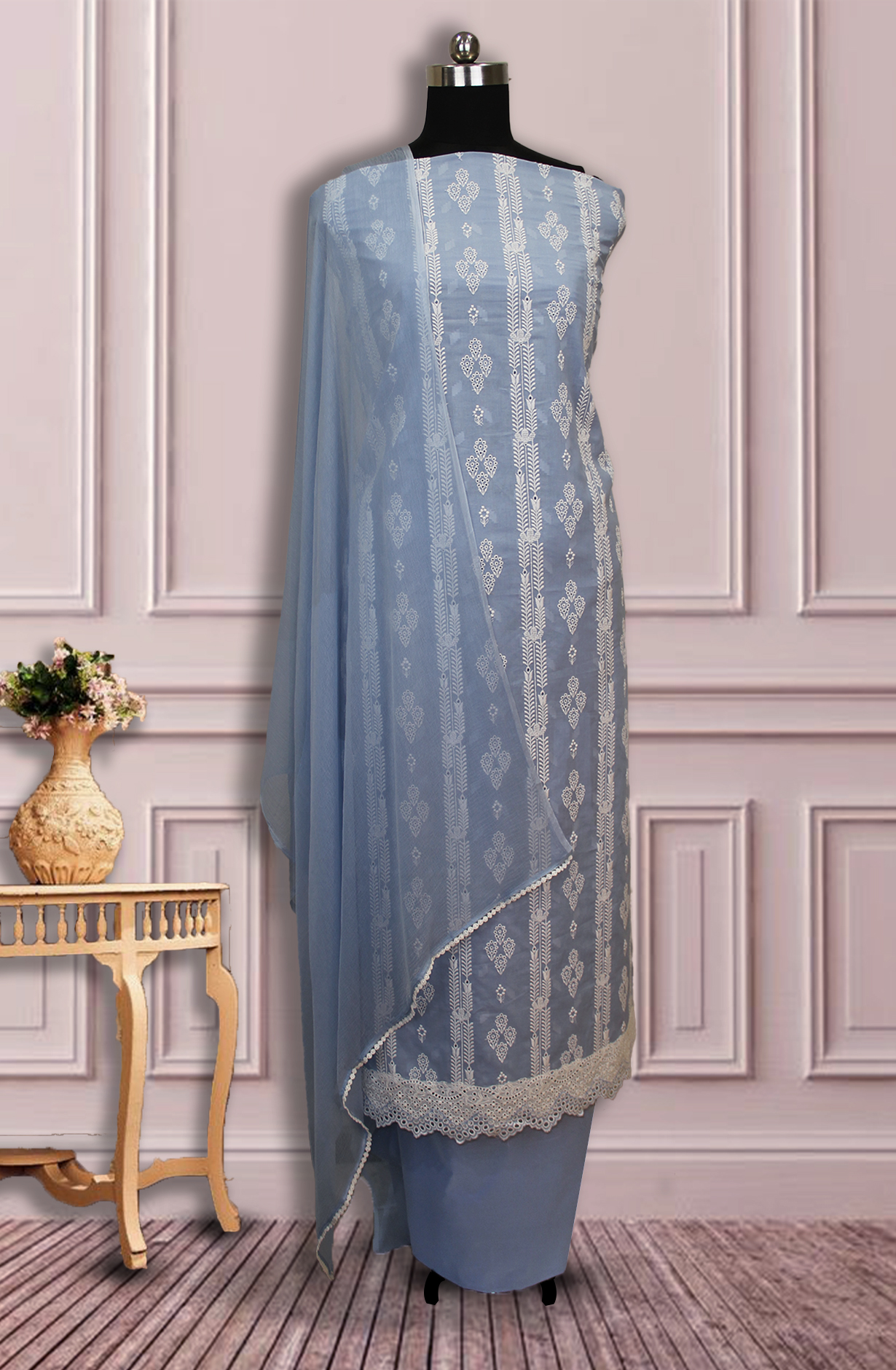 Pastel Blue Exclusive Cotton Jacquard Embroidered Salwar Kameez with Chiffon Dupatta - KAR14376B