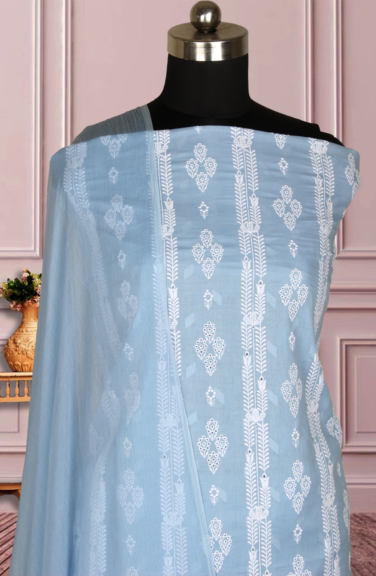 Pastel Blue Exclusive Cotton Jacquard Embroidered Salwar Kameez with Chiffon Dupatta - KAR14376B