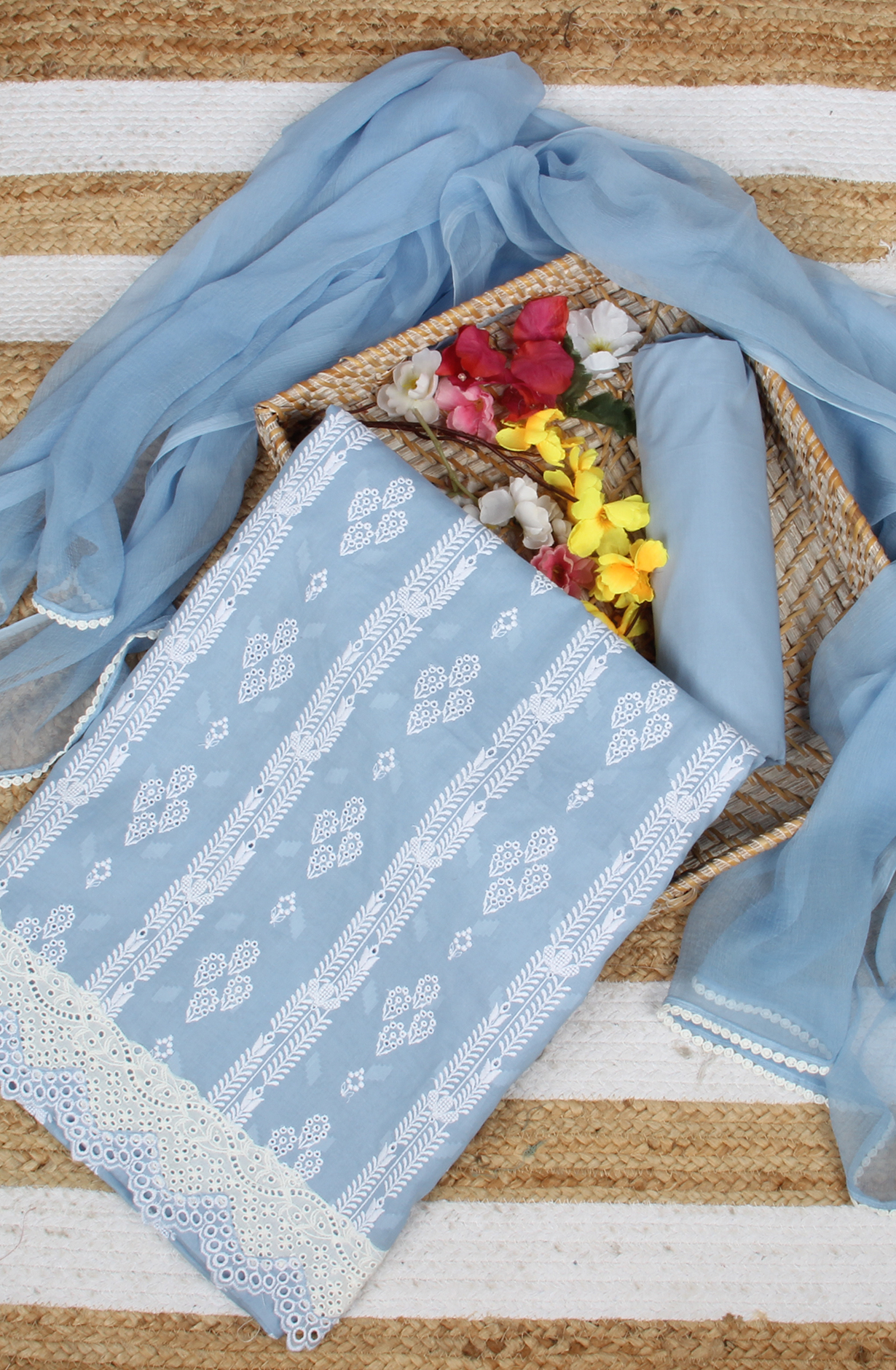 Pastel Blue Exclusive Cotton Jacquard Embroidered Salwar Kameez with Chiffon Dupatta - KAR14376B