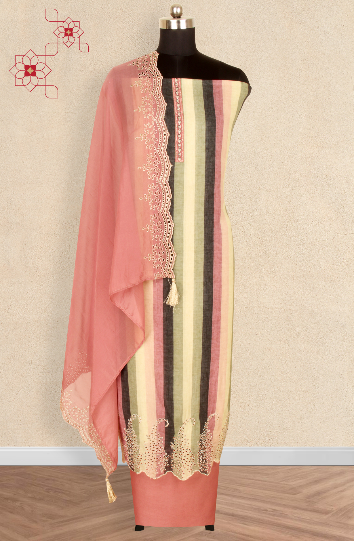 Multi-coloured Cotton Silk Unstitched Salwar Kameez with Organza Dupatta - KAR1621A