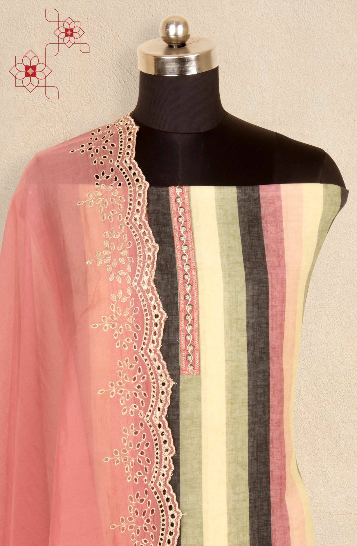 Multi-coloured Cotton Silk Unstitched Salwar Kameez with Organza Dupatta - KAR1621A