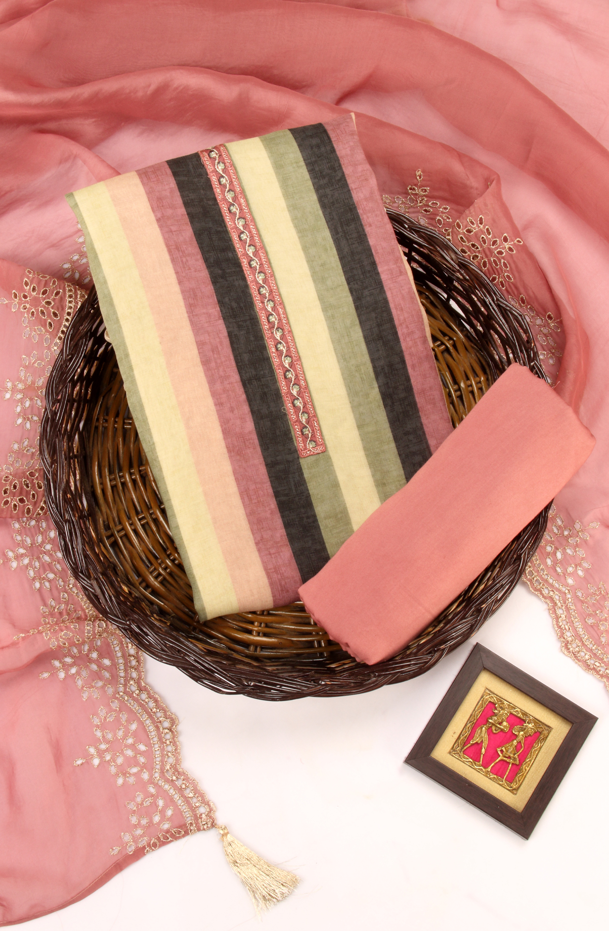 Multi-coloured Cotton Silk Unstitched Salwar Kameez with Organza Dupatta - KAR1621A